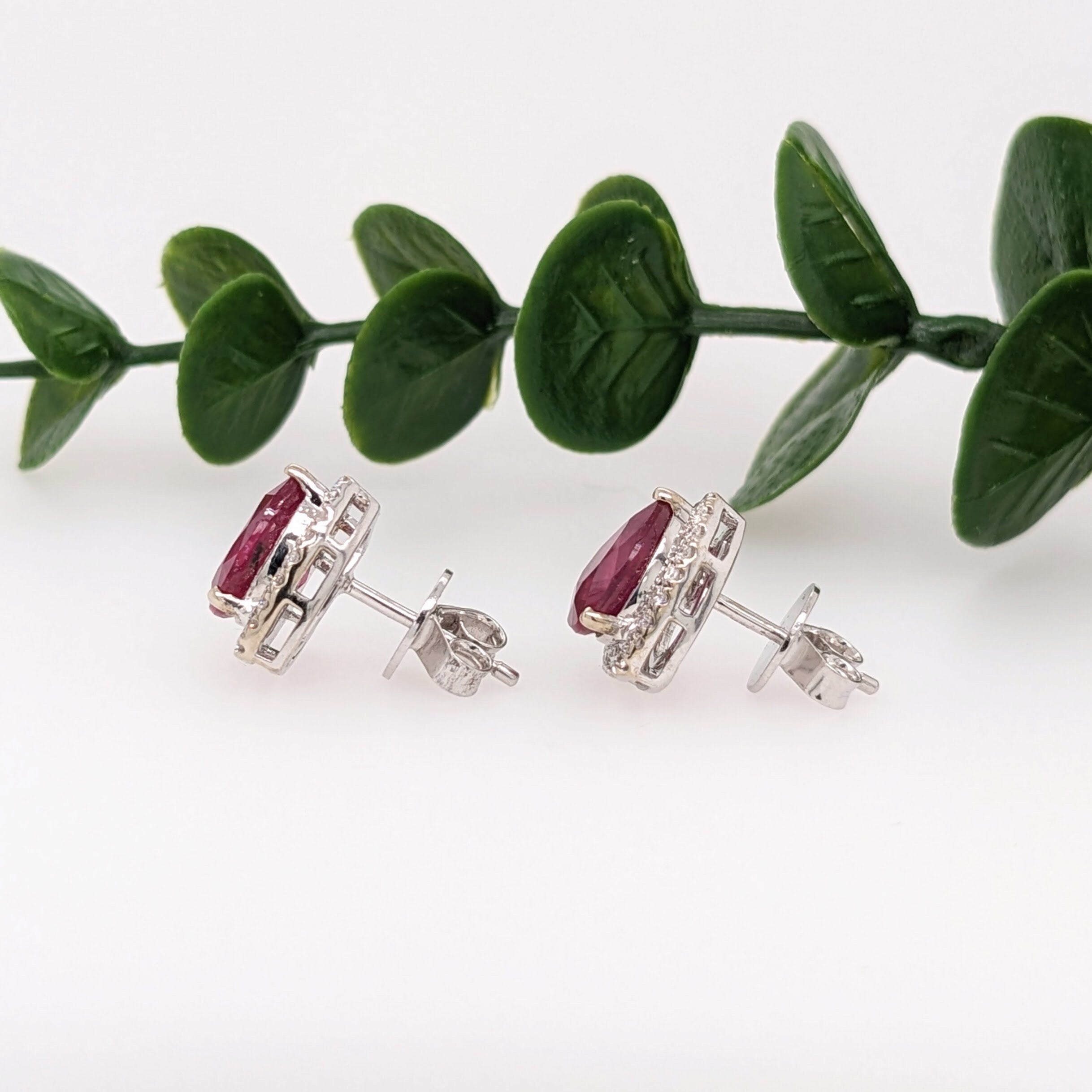 Stud Earrings-Pretty Madagascar Ruby Studs in Solid 14K White Gold w Natural Diamond Accents | Pear 9x7mm | Classic | Elegant | July Birthstone - NNJGemstones