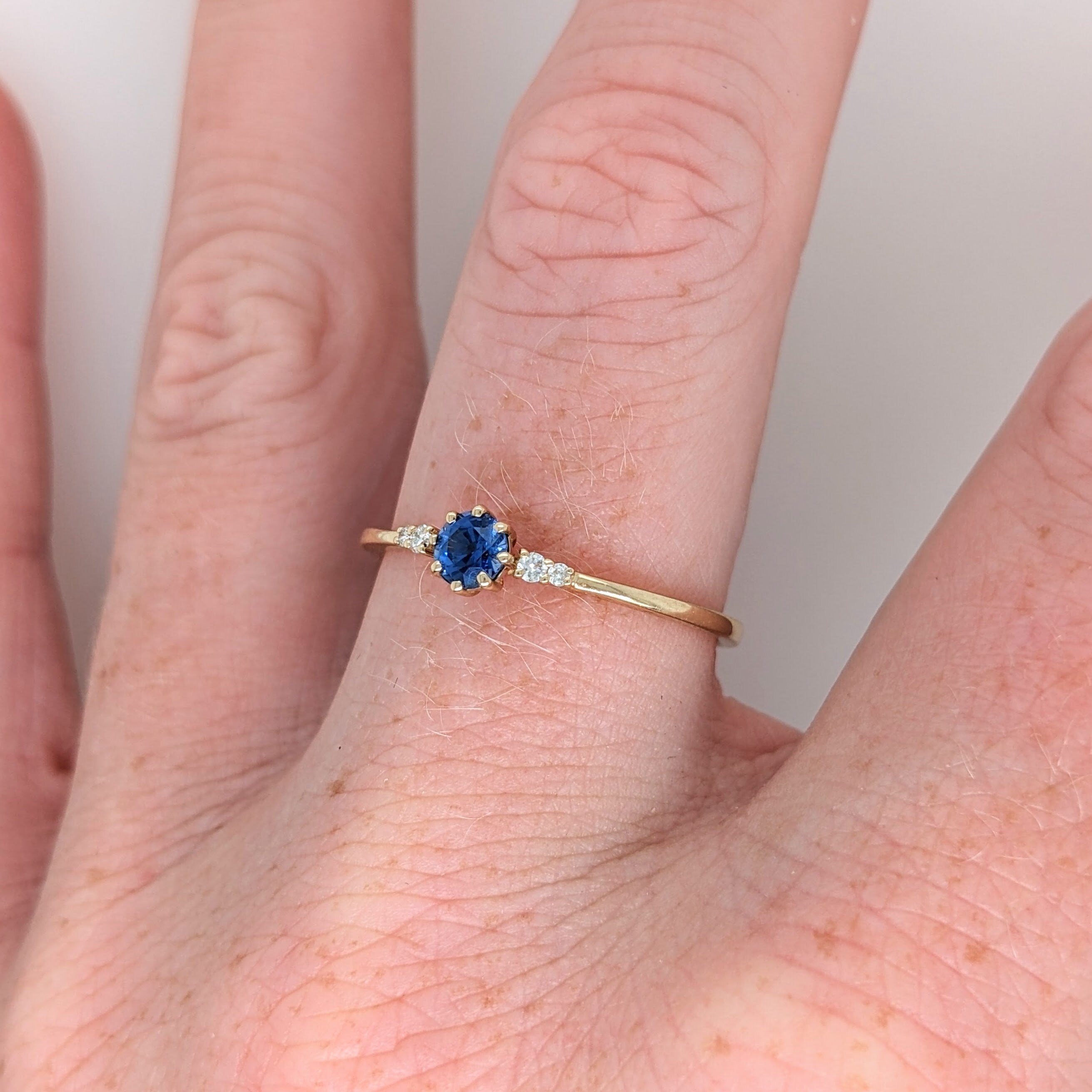 Statement Rings-Minimalist Blue Sapphire Ring with All Natural Diamond Accents in Solid 14k Yellow Gold || September Birthstone || Dainty || Customizable - NNJGemstones