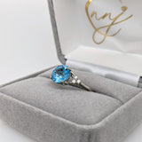 Statement Rings-Brilliant Blue Swiss Topaz Ring in Solid 14K White Gold w Diamond Accented Band | Round 8mm | Textured Shank | December Birthstone - NNJGemstones