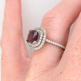 Statement Rings-Rhodolite Ring in Solid 14k White Gold with a Diamond Double Halo | Cushion 6mm | Statement Ring | Natural Garnet | June Birthstone - NNJGemstones