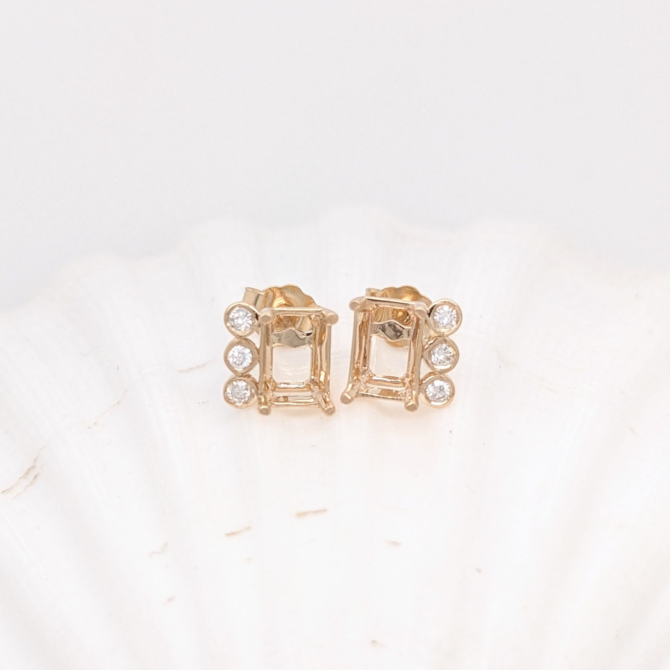 Stud Earrings-Minimal Daily Wear Earring Stud Semi Mount in Solid 14K White, Yellow or Rose Gold w Natural Diamond Accents | Emerald Cut 6x4mm | Push Back - NNJGemstones
