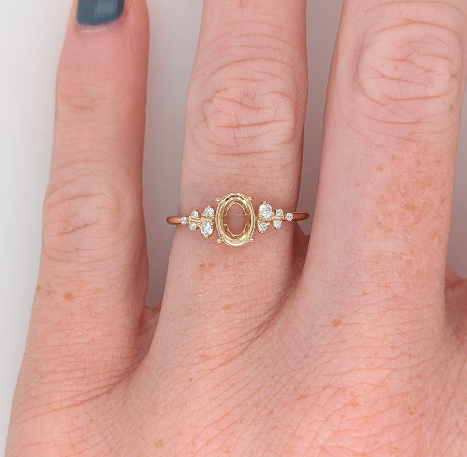 Engagement Rings-Dainty Ring Semi Mount in Solid 14k Gold w Natural Earth Mined Diamond Accents | Oval 6x4mm 7x5mm 8x6mm | Customizable - NNJGemstones