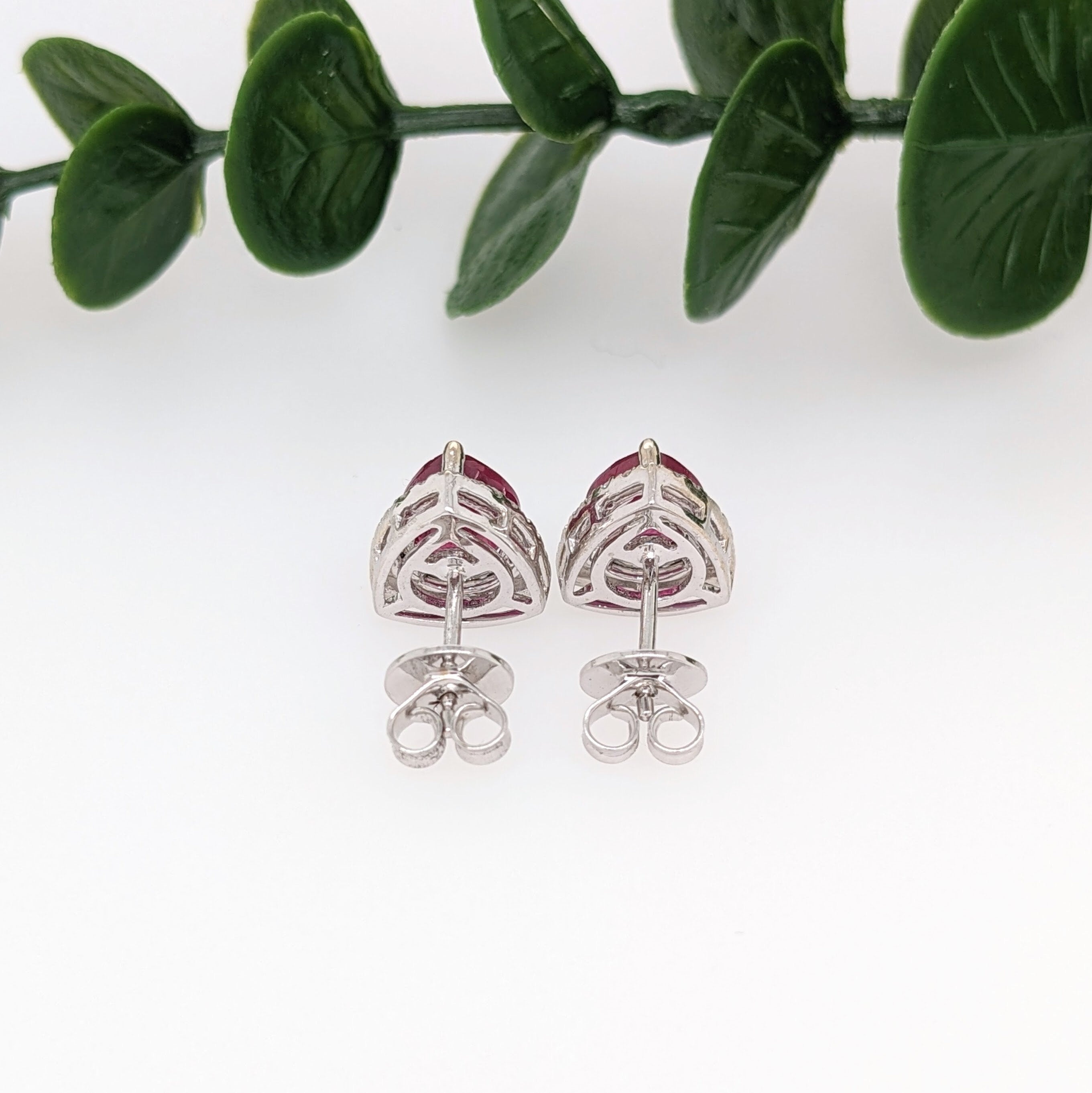 Stud Earrings-Pretty Madagascar Ruby Studs in Solid 14K White Gold w Natural Diamond Accents | Pear 9x7mm | Classic | Elegant | July Birthstone - NNJGemstones