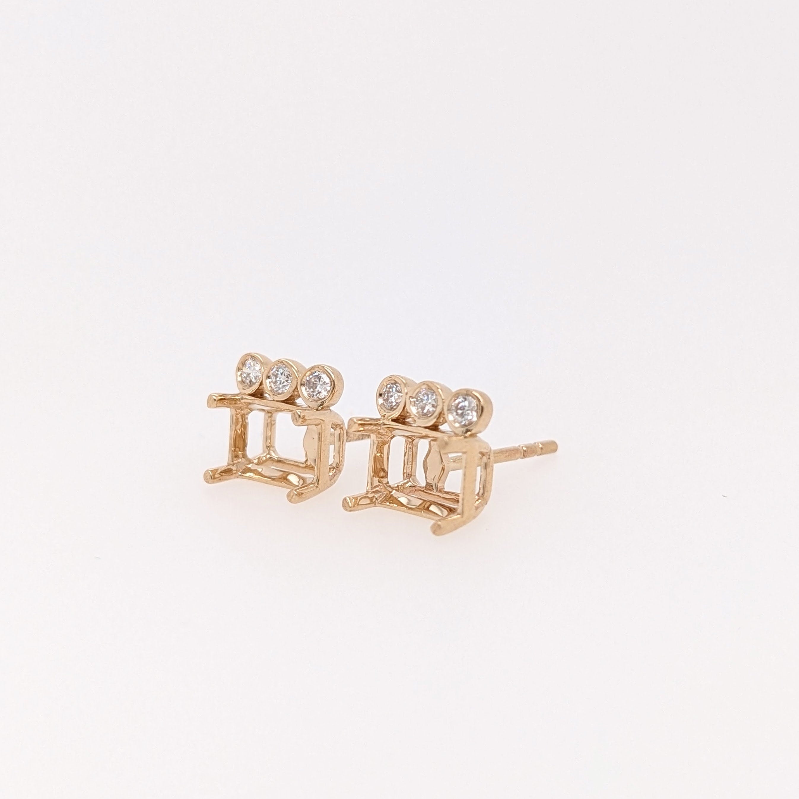 Stud Earrings-Minimal Daily Wear Earring Stud Semi Mount in Solid 14K White, Yellow or Rose Gold w Natural Diamond Accents | Emerald Cut 6x4mm | Push Back - NNJGemstones