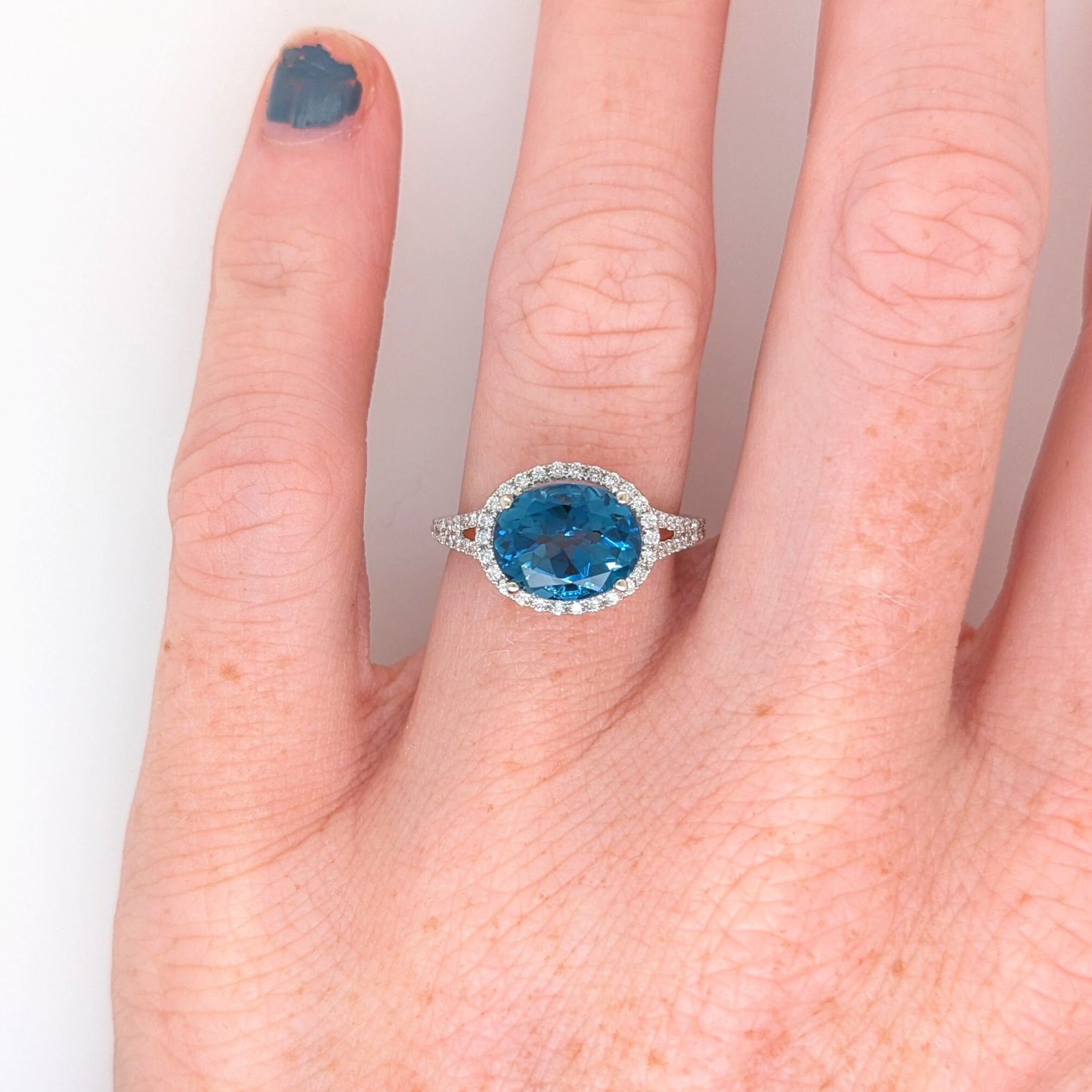 Statement Rings-Stunning London Topaz Ring in 14K White Gold w Natural Diamond Halo | Oval 10x12.5 | December Birthstone | Minimalist | Blue Gemstone Ring - NNJGemstones