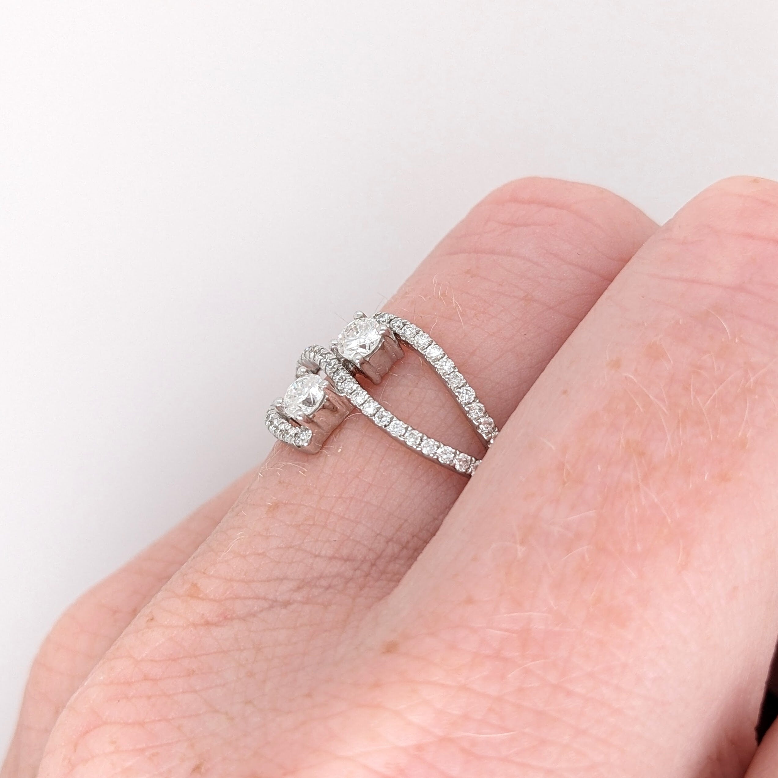 Multi-Stone Rings-Unique Diamond Ring with Natural Diamond Accents in 14k Solid White Gold | Round 3mm | Bypass Ring | April Birthstone | Two Stone Ring - NNJGemstones