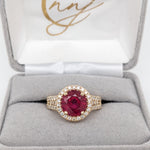 Gorgeous Red Ruby Ring with a Split Shank and Natural Diamond Halo in Solid 14k Yellow | Round 9mm | July Birthstone | Real Gemstone Jewelry