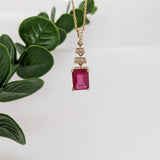 Ruby Dangle Pendant in Solid 14k Yellow Gold with Natural Diamond Accents | Emerald Cut 8x6mm | July Birthstone