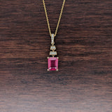 Ruby Dangle Pendant in Solid 14k Yellow Gold with Natural Diamond Accents | Emerald Cut 8x6mm | July Birthstone