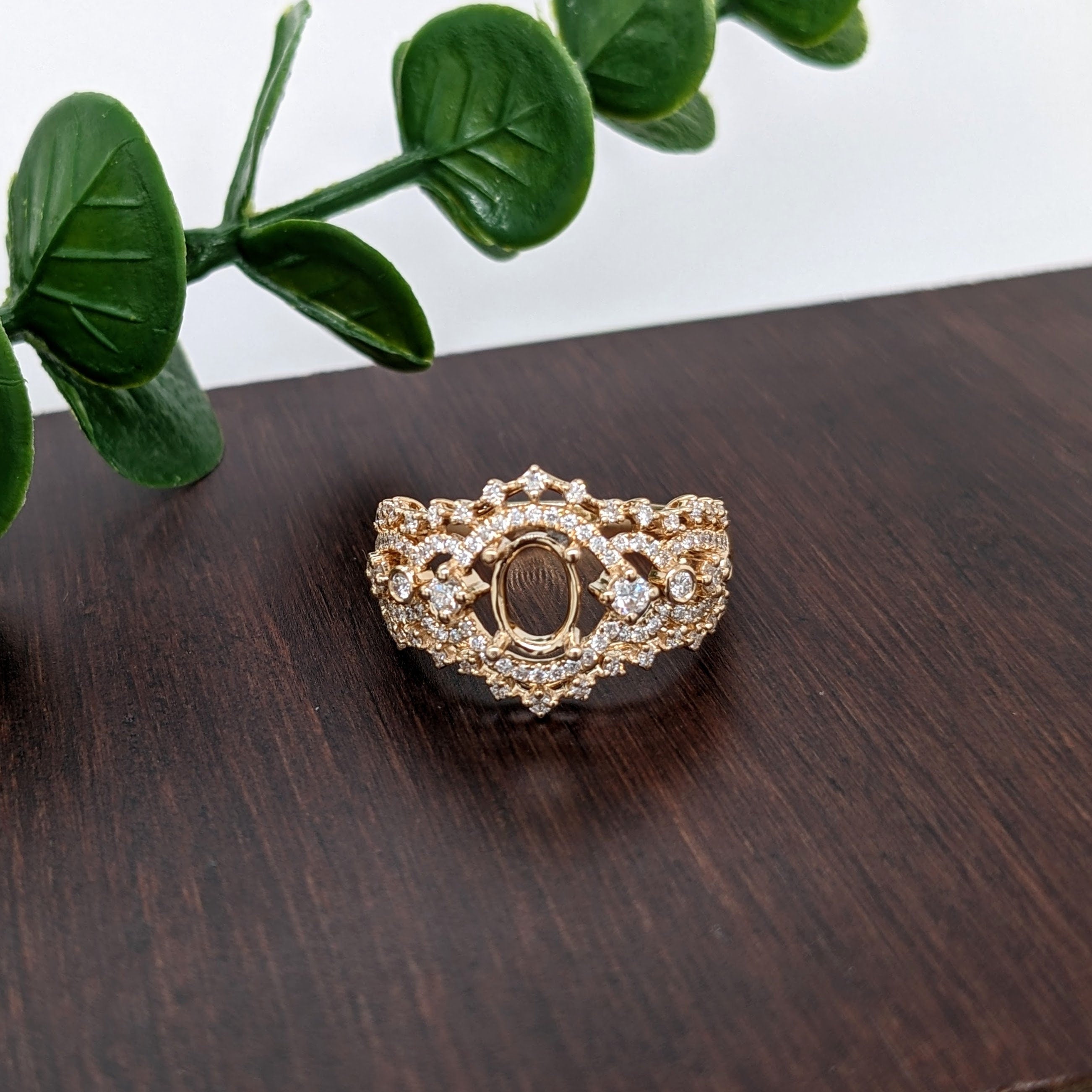 Engagement Rings-Stunning Ring Setting W Earth Mined Diamond Accents in 14K Solid Gold | Oval Shape 6x4 7x5 8x6 | Intricate Ring Setting | Customizable - NNJGemstones