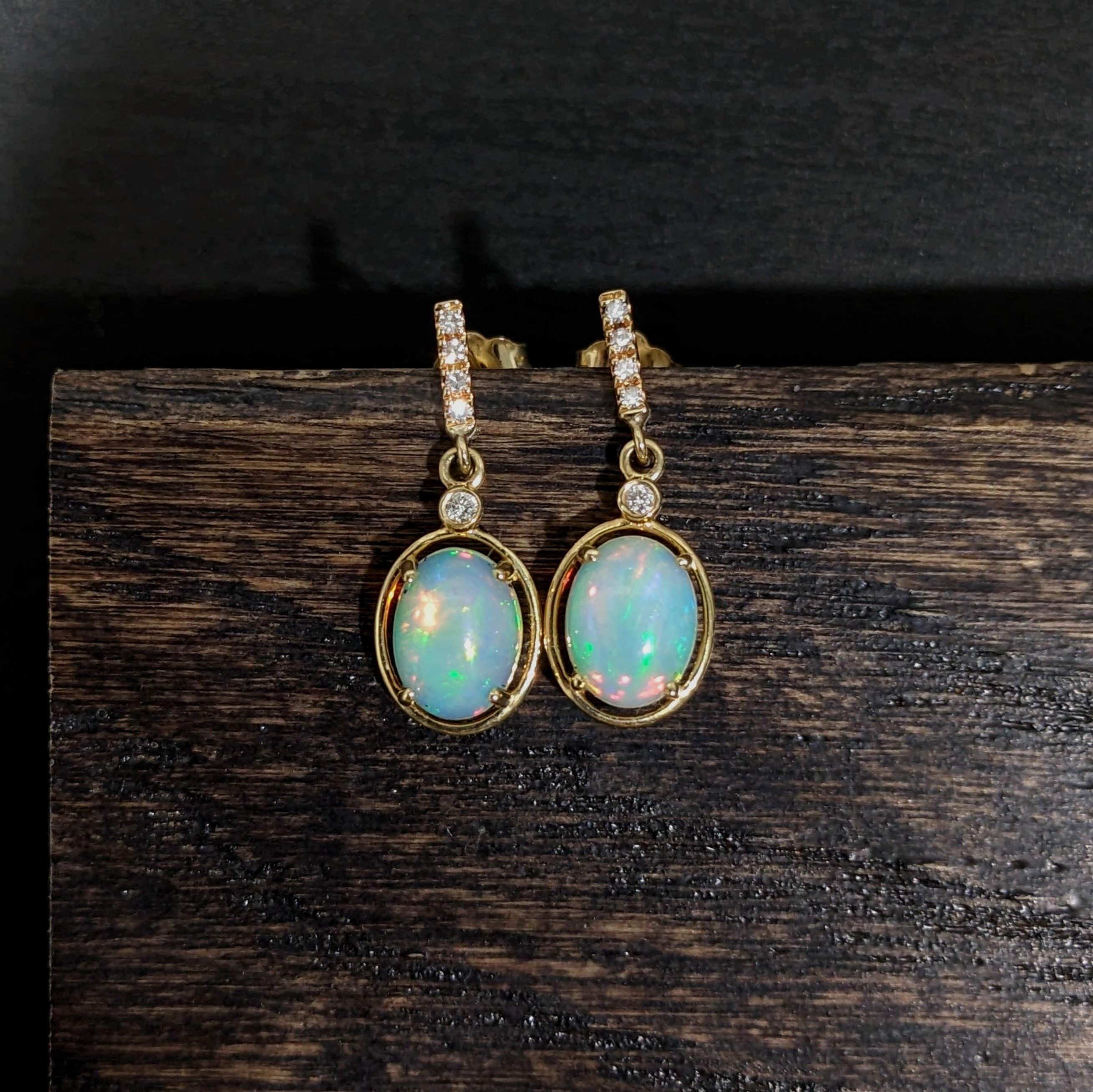 Dangly Opal Drops in 14k Solid Yellow Gold w Natural Diamond Accents | Oval Shape 10x8 | October Birthstone | Daily Wear Earrings |