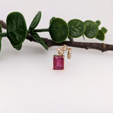 Ruby Dangle Pendant in Solid 14k Yellow Gold with Natural Diamond Accents | Emerald Cut 8x6mm | July Birthstone