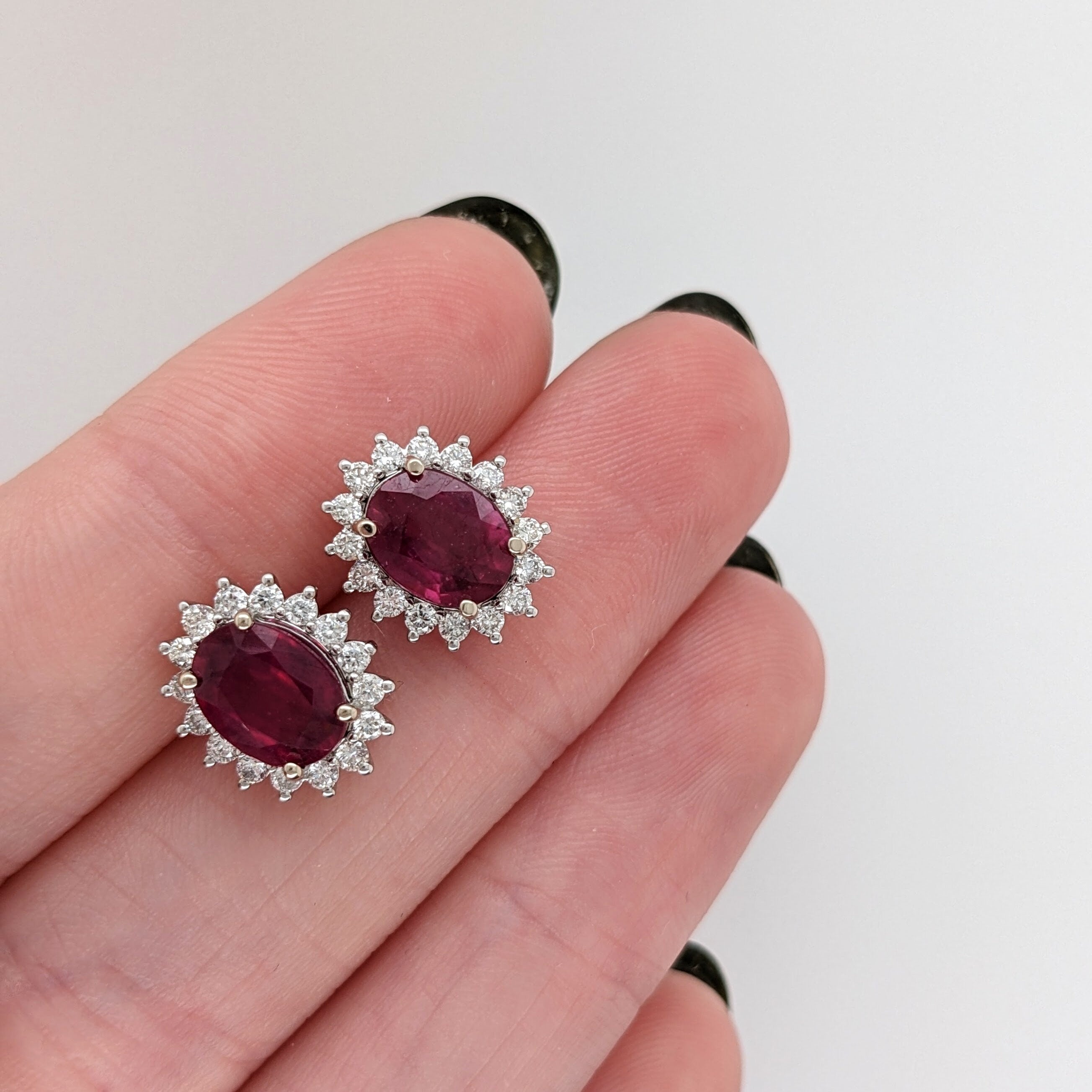 Starburst Red Ruby Studs in 14k Solid White Gold with Natural Diamond Accents || Oval 8x6mm || July Birthstone || Dainty Studs || Halo ||