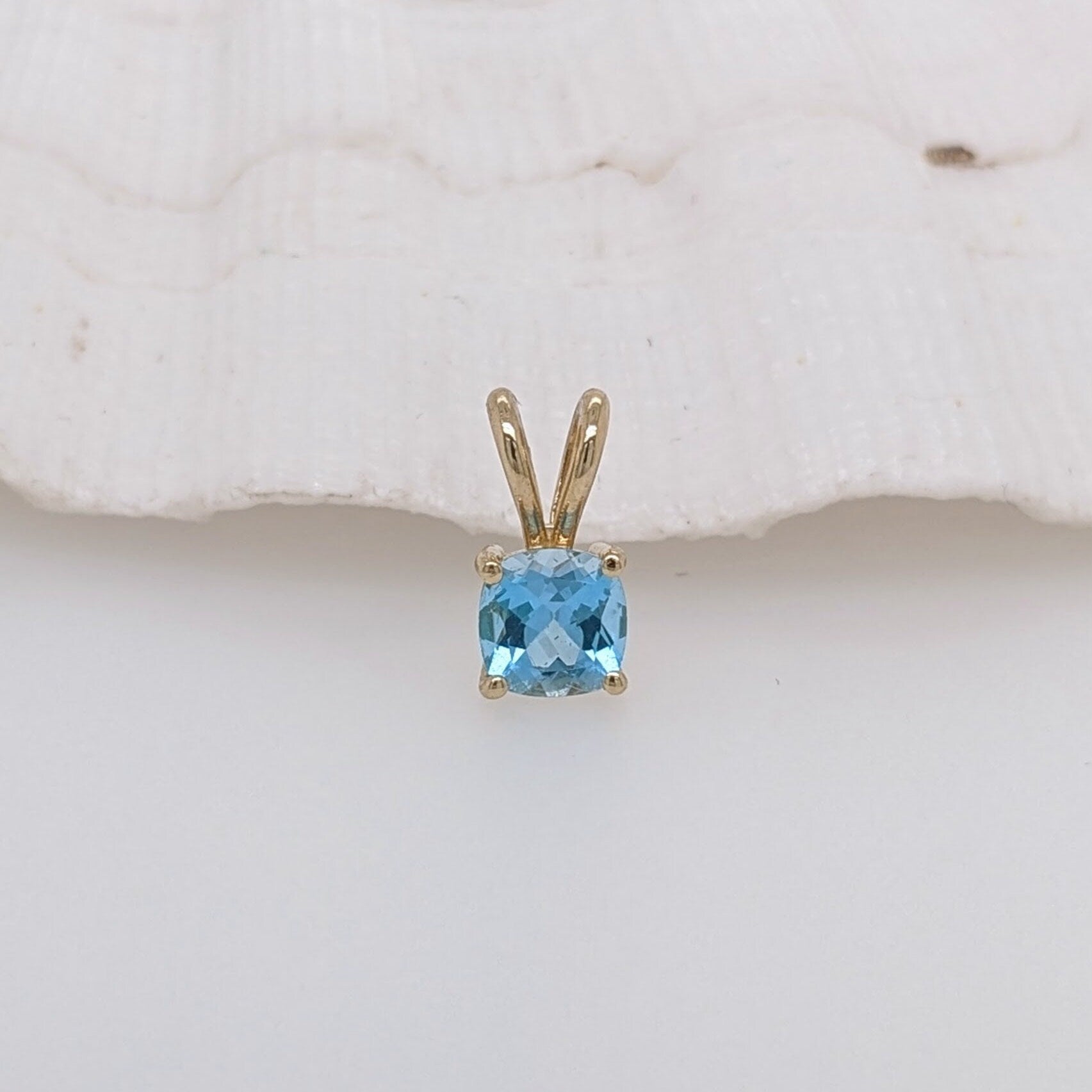 Pendants-Minimalist Swiss Blue Topaz Pendant in Solid 14k White, Yellow or Rose Gold | Square Cushion 5mm 6mm | Rabbit Bail | Blue Gemstone Necklace - NNJGemstones