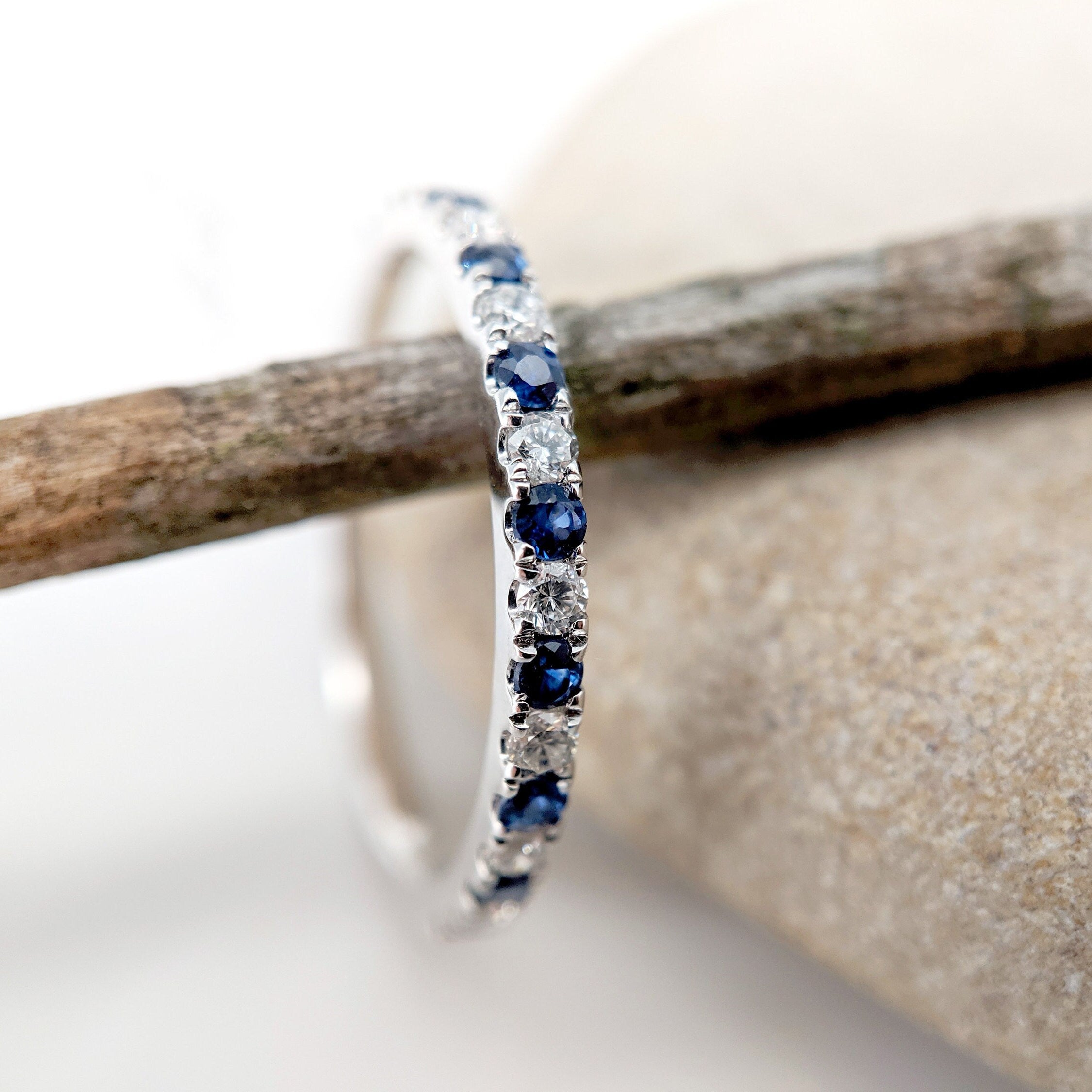 Stackable Rings-Ceylon Sapphire & Diamond Stackable Band in Solid 14k White Gold || Round 1.8mm || Straight band || Earth Mined || Customizable - NNJGemstones