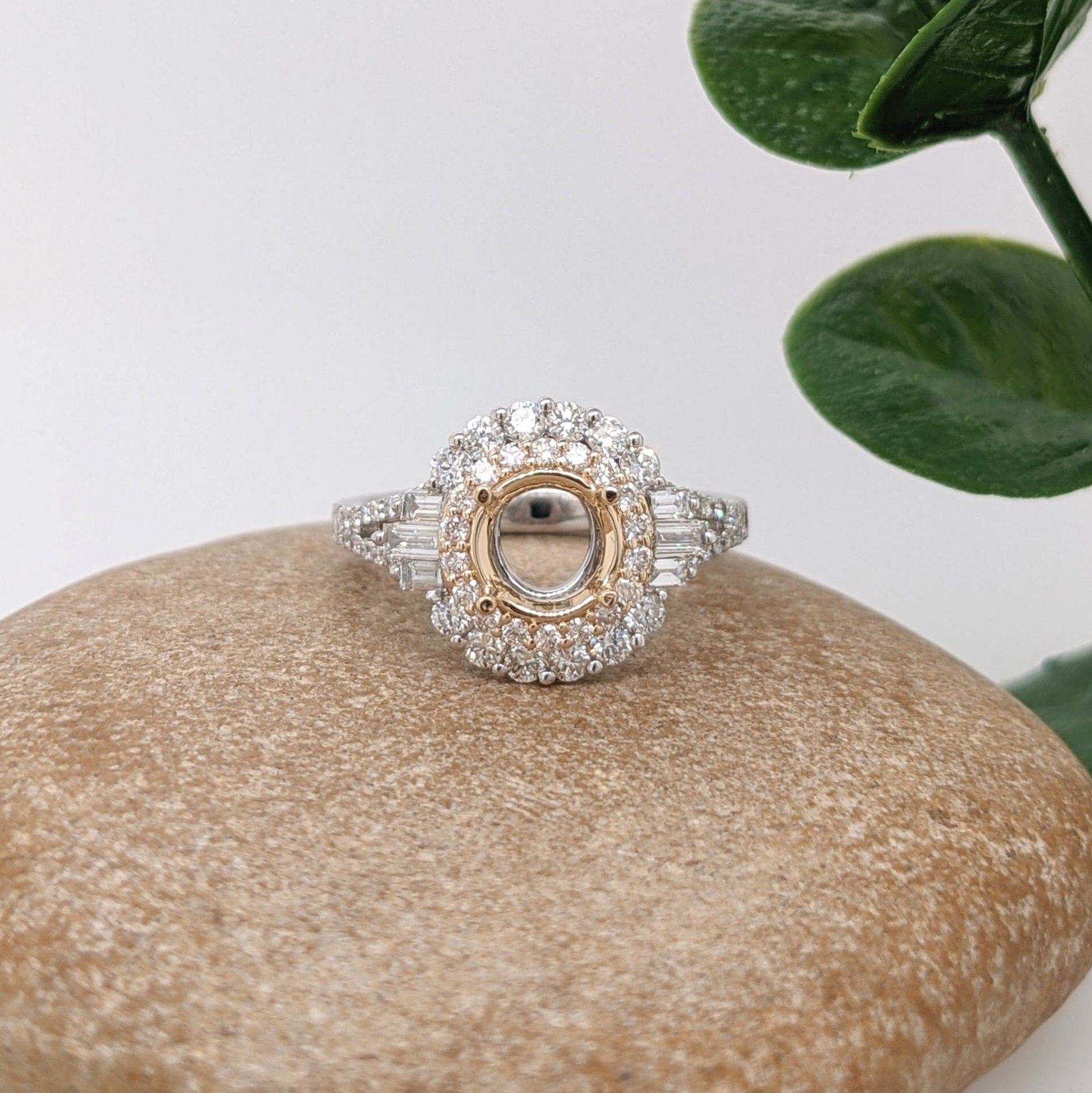 Statement Rings-Dazzling Double Diamond Halo Ring Setting in 14K Solid Gold | Round 6mm 7mm 8mm | Elegant Gemstone Ring Setting | Bridal Ring | Customizable - NNJGemstones