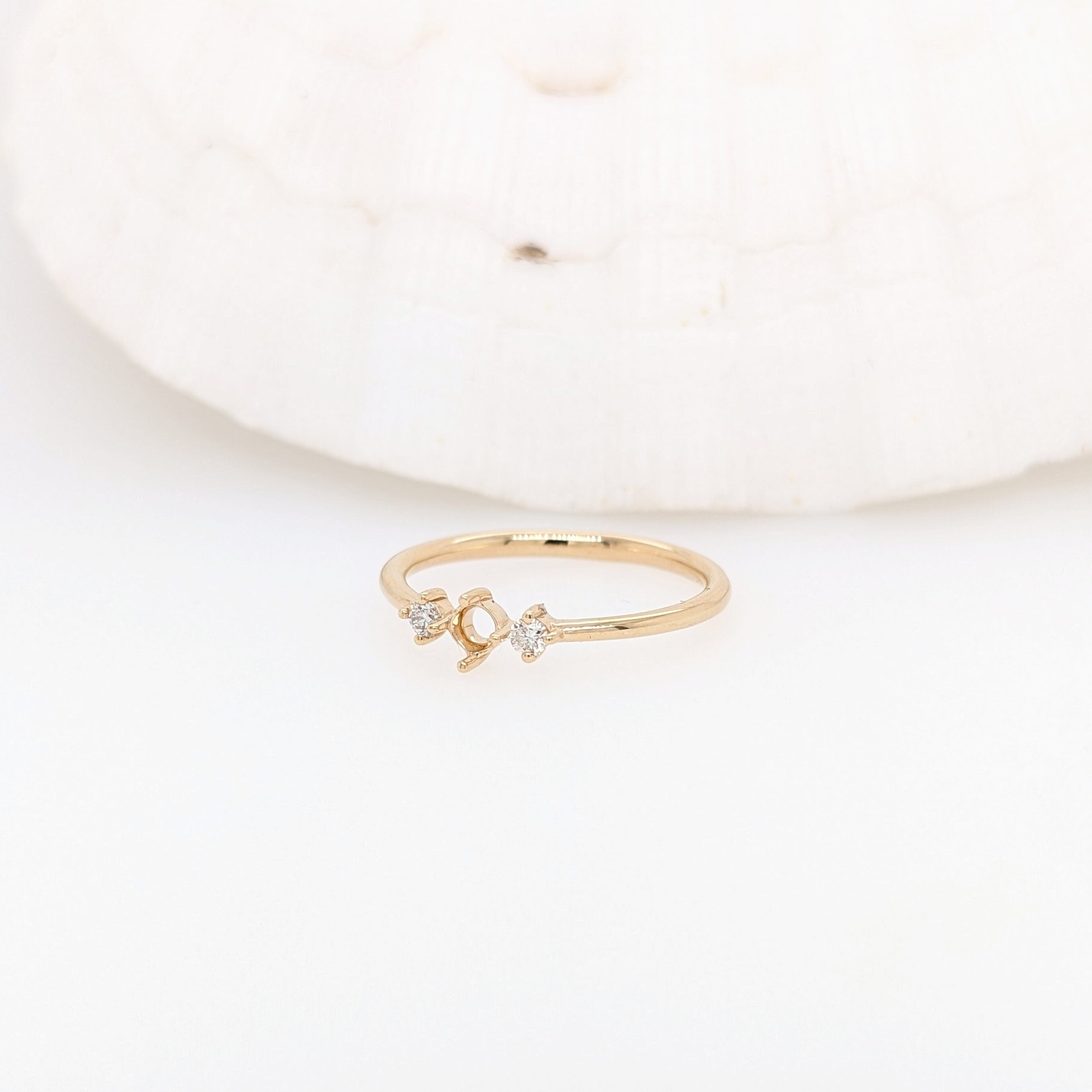 Statement Rings-Minimalist Ring Semi Mount w Natural Diamond Accents in 14K Solid Gold | Round 3mm 4mm 4.5mm | Daily Wear | 3 Stone Ring | Customizable - NNJGemstones