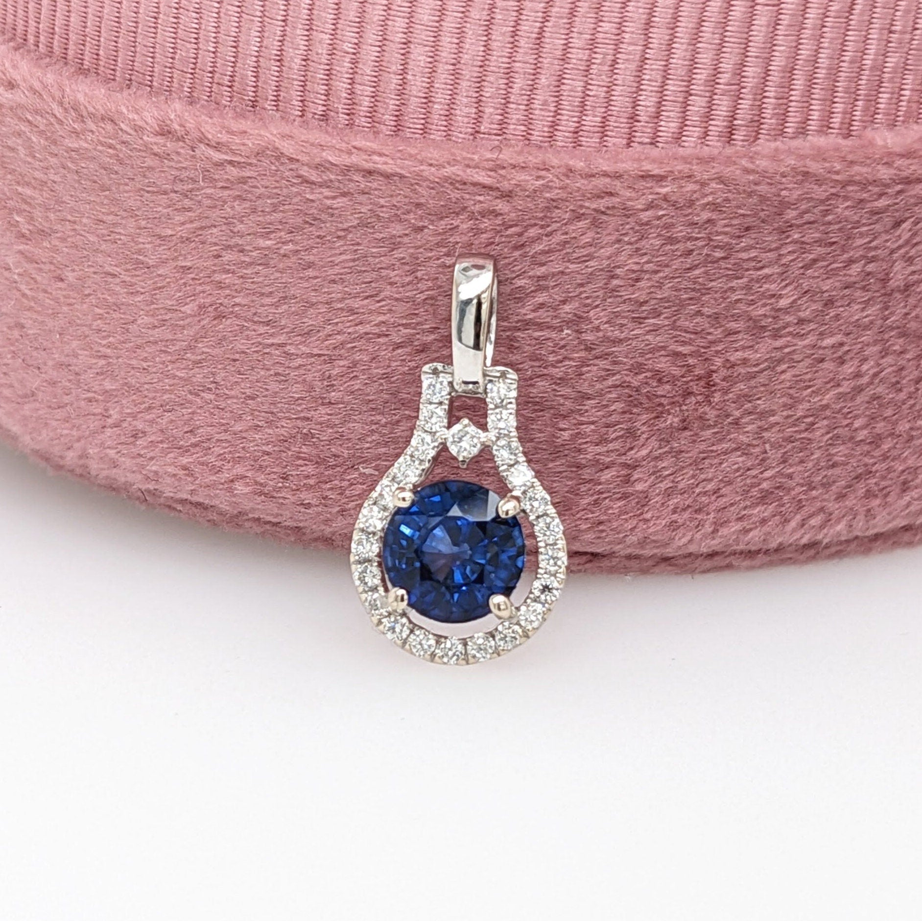 Pendants-AAA Blue Sapphire Pendant in Solid 14K Gold with Diamond Accents | Round 6mm | September Birthstone | Blue Gemstone - NNJGemstones