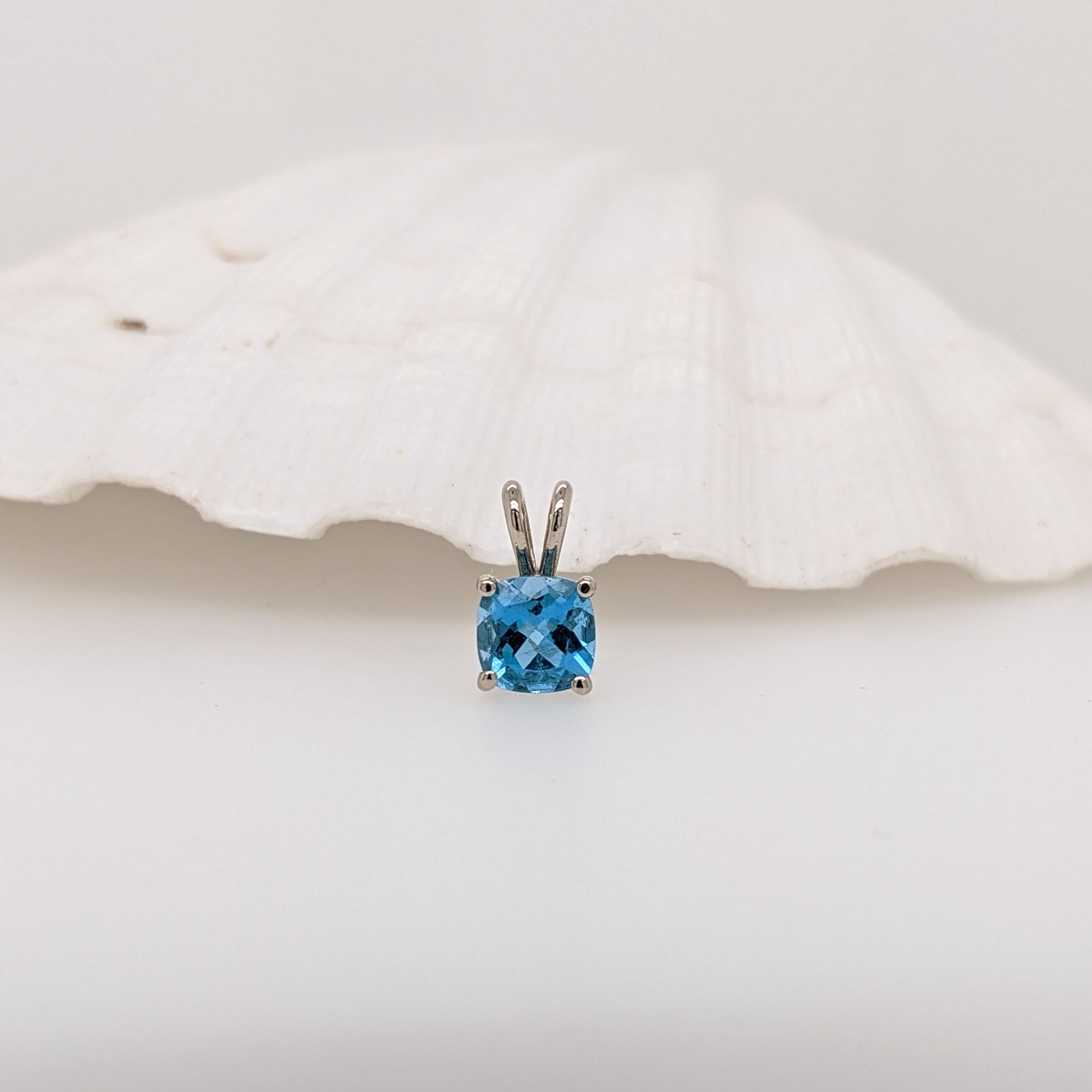 Pendants-Minimalist Swiss Blue Topaz Pendant in Solid 14k White, Yellow or Rose Gold | Square Cushion 5mm 6mm | Rabbit Bail | Blue Gemstone Necklace - NNJGemstones