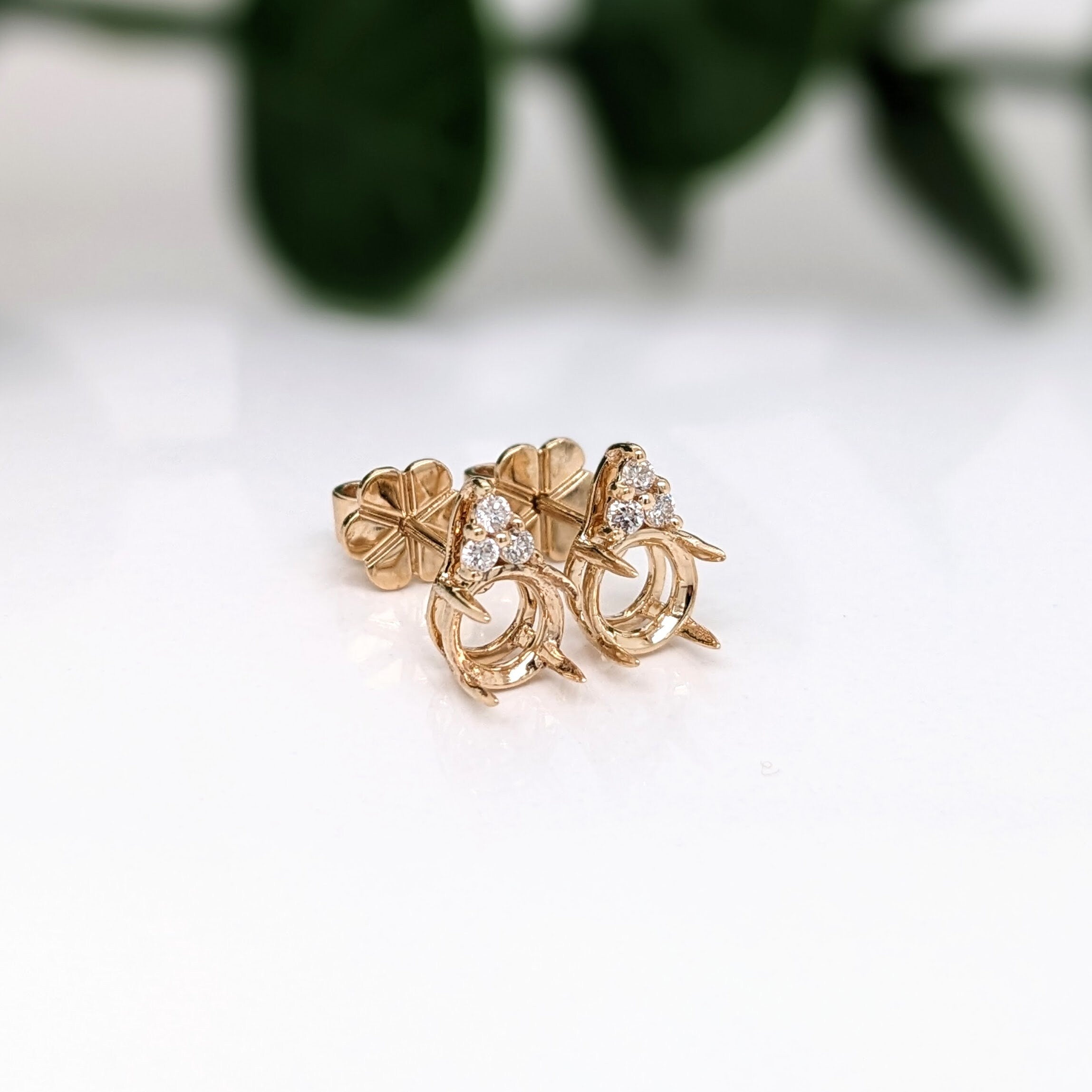 Stud Earrings-Round Stud Earring Semi-Mount Accented with 3 Diamonds with Secure Push Back in 4mm, 5mm, 6mm, 7mm in 14k Solid White, Rose, or Yellow Gold - NNJGemstones