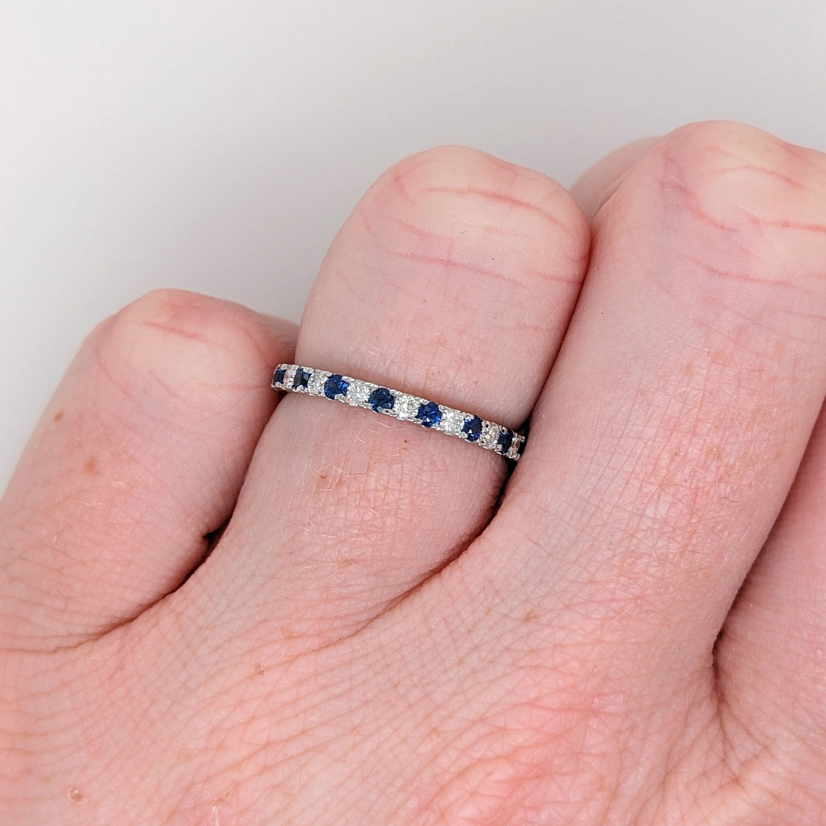 Stackable Rings-Ceylon Sapphire & Diamond Stackable Band in Solid 14k White Gold || Round 1.8mm || Straight band || Earth Mined || Customizable - NNJGemstones