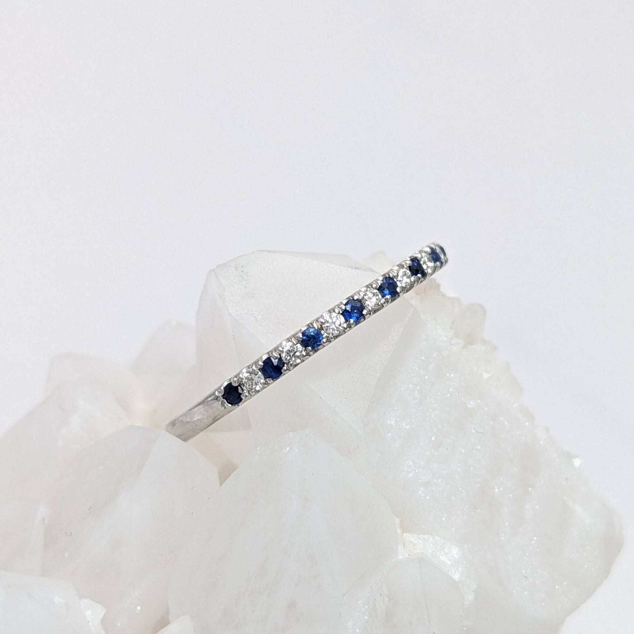 Stackable Rings-Ceylon Sapphire & Diamond Stackable Band in Solid 14k White Gold || Round 1.8mm || Straight band || Earth Mined || Customizable - NNJGemstones