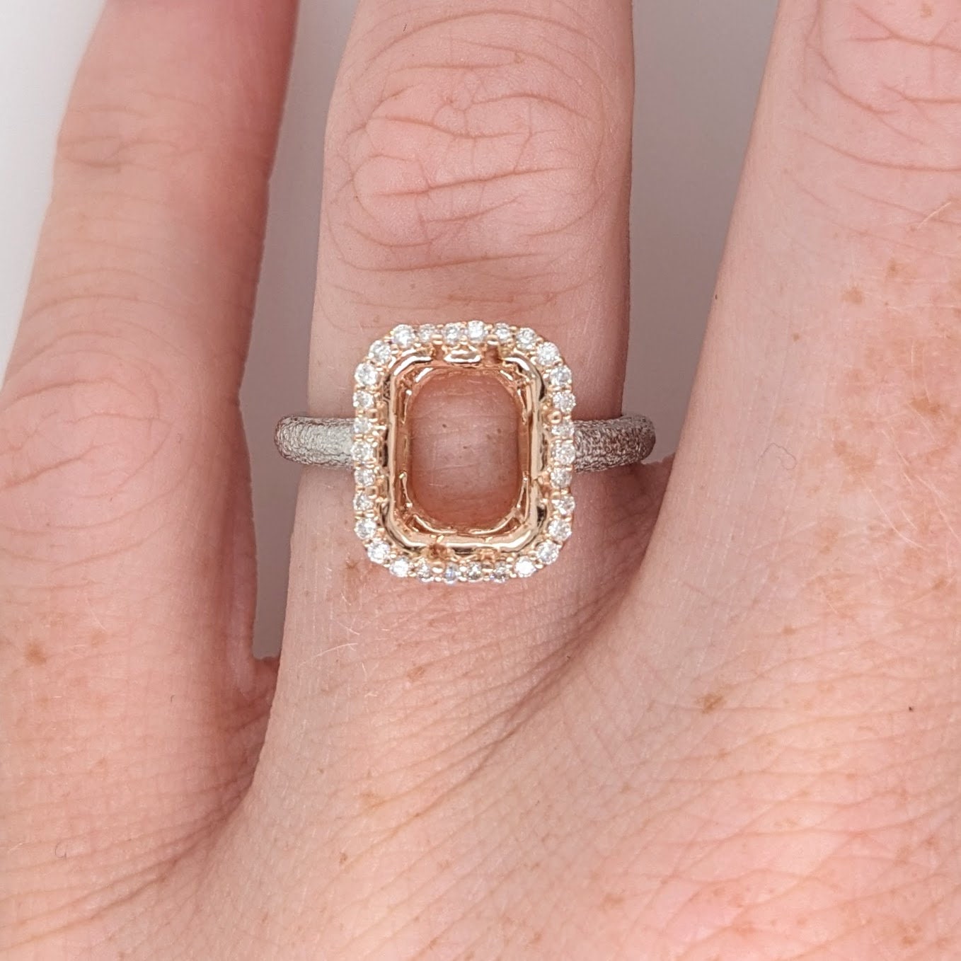 Engagement Rings-Statement Ring Setting W Earth Mined Diamond Halo and Textured Shank in 14K Solid Gold | Emerald Cut | Engagement Ring | Customizable - NNJGemstones