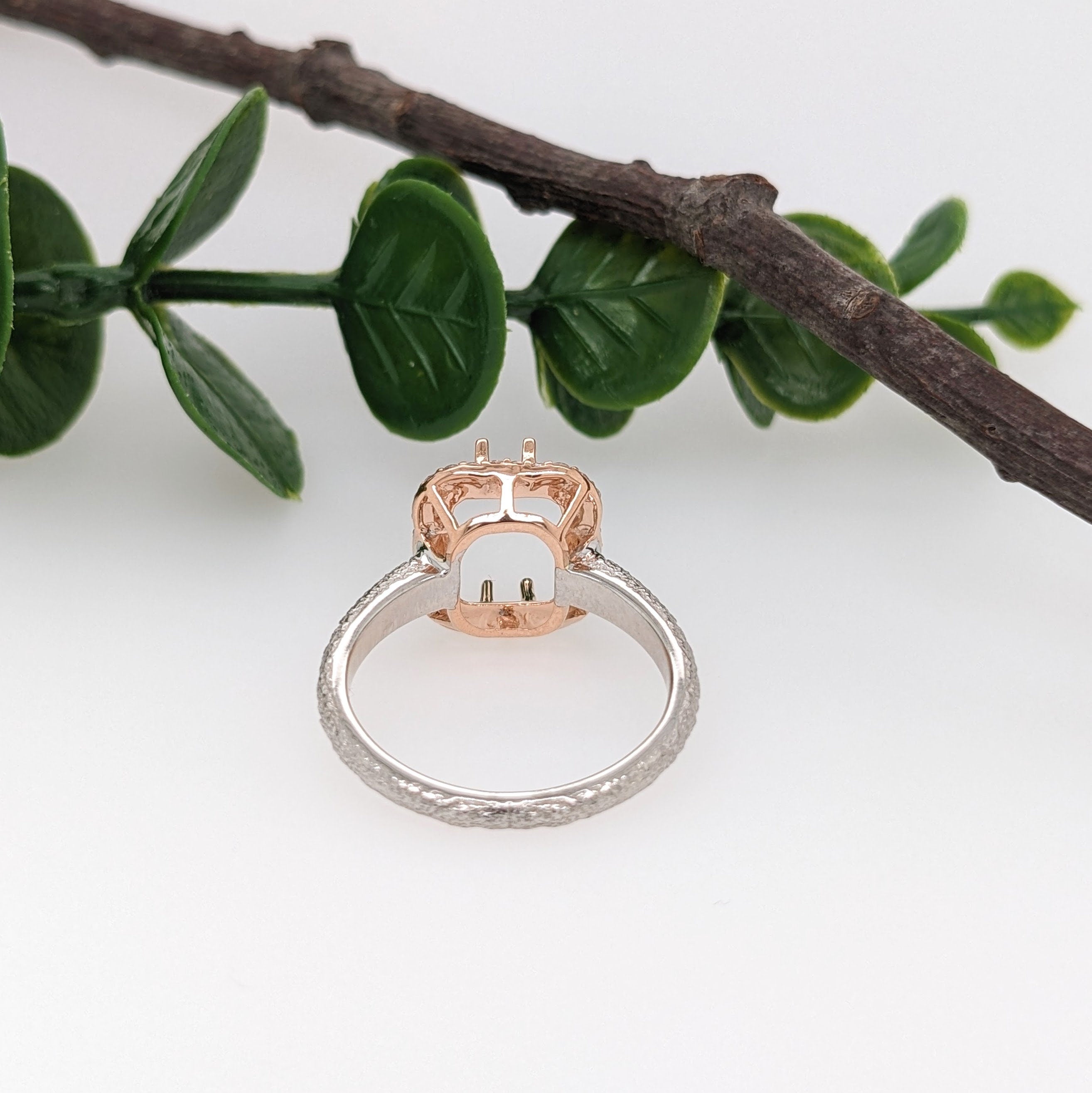 Engagement Rings-Statement Ring Setting W Earth Mined Diamond Halo and Textured Shank in 14K Solid Gold | Emerald Cut | Engagement Ring | Customizable - NNJGemstones