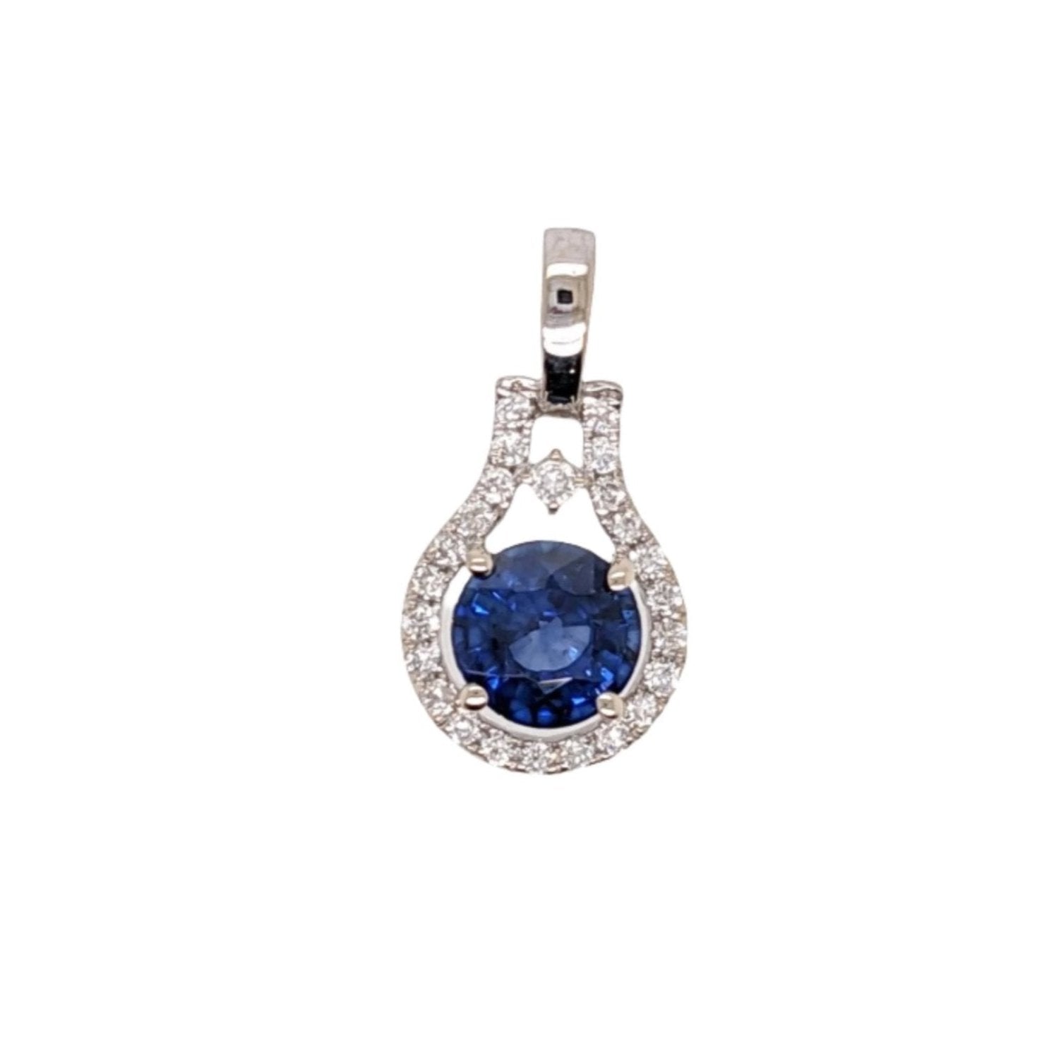 Pendants-AAA Blue Sapphire Pendant in Solid 14K Gold with Diamond Accents | Round 6mm | September Birthstone | Blue Gemstone - NNJGemstones