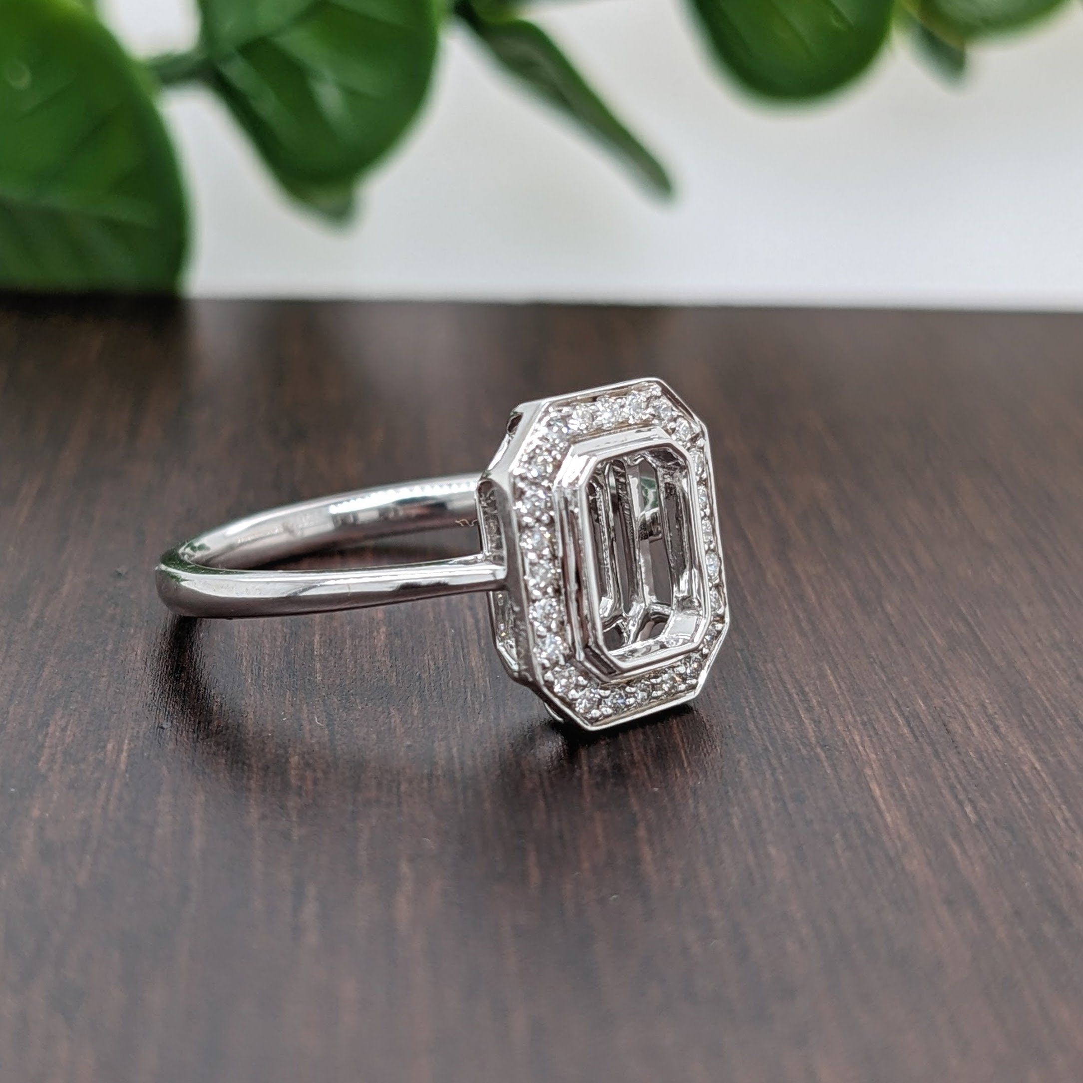 Statement Rings-Classic Bezel Semi Mount w Natural Diamond Halo in Solid 14K Gold | Emerald Cut 6x4mm 7x5mm 8x6mm | Radiant Cut Ring Blank | Customizable | - NNJGemstones