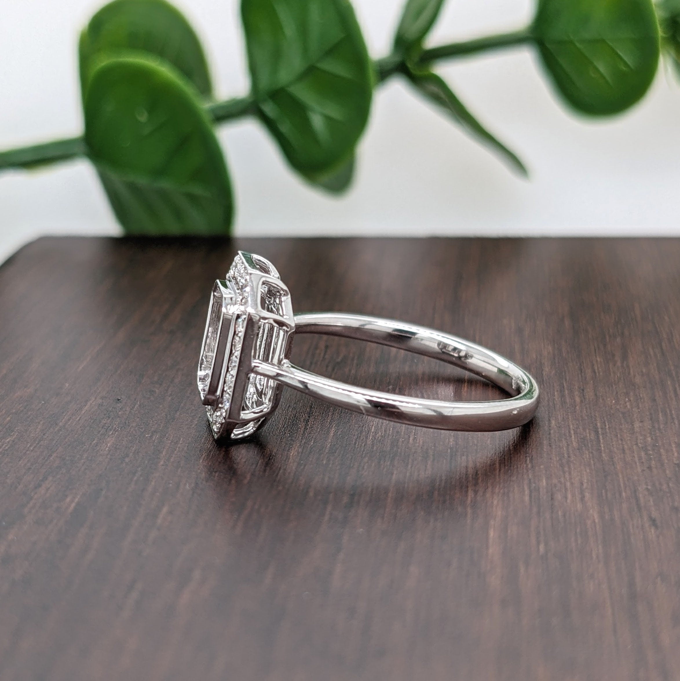 Statement Rings-Classic Bezel Semi Mount w Natural Diamond Halo in Solid 14K Gold | Emerald Cut 6x4mm 7x5mm 8x6mm | Radiant Cut Ring Blank | Customizable | - NNJGemstones