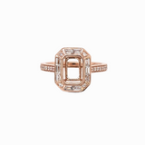 Art Deco Ring Setting W Baguette & Round Diamond Halo in 14K Solid Gold | Pave Shank | Emerald Cut| Customizable