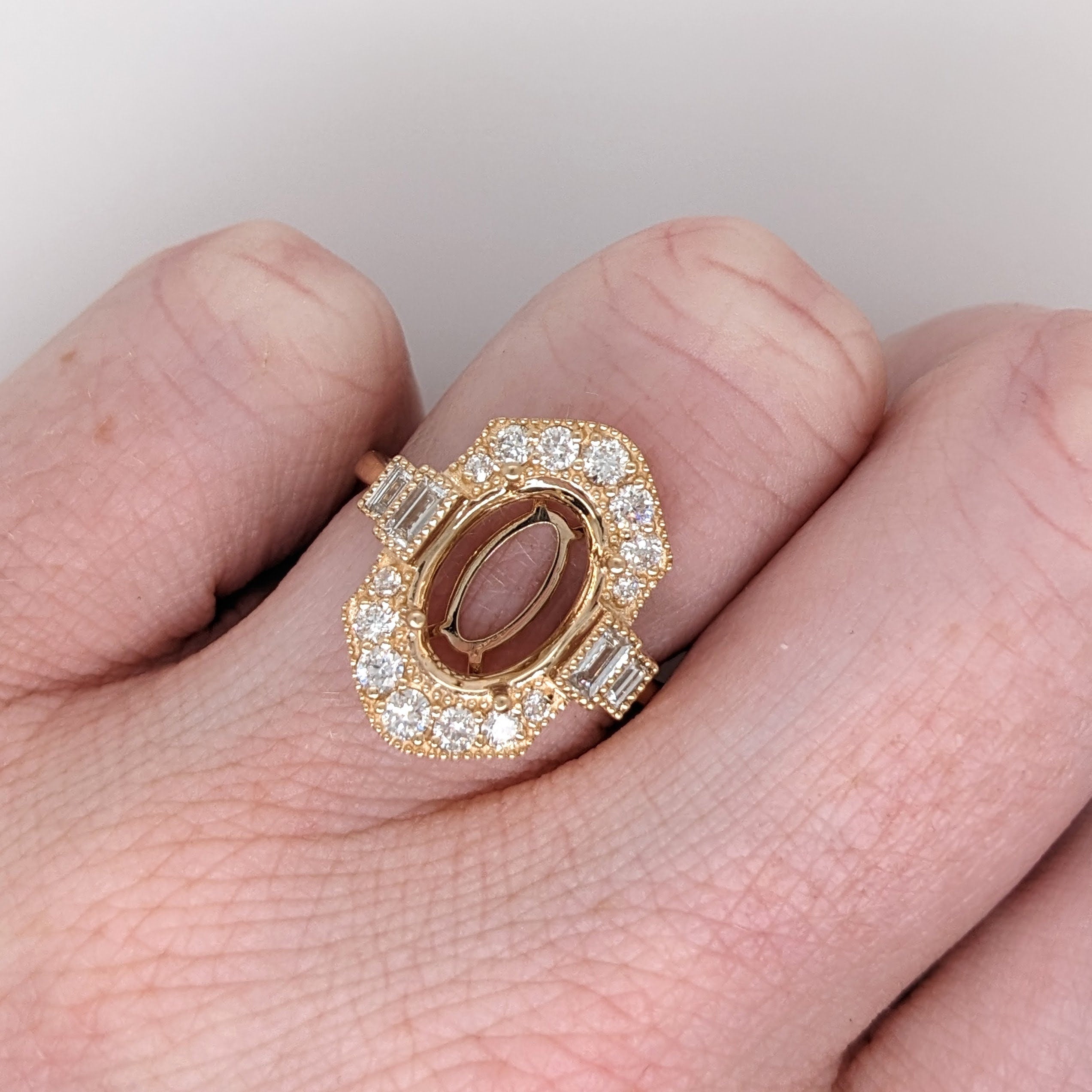 Statement Rings-Vintage Inspired Ring Semi Mount w Baguette and Round Diamonds in Solid 14K Gold | Oval 10x8mm 11.5x8.5mm | Custom Gemstone Jewelry - NNJGemstones