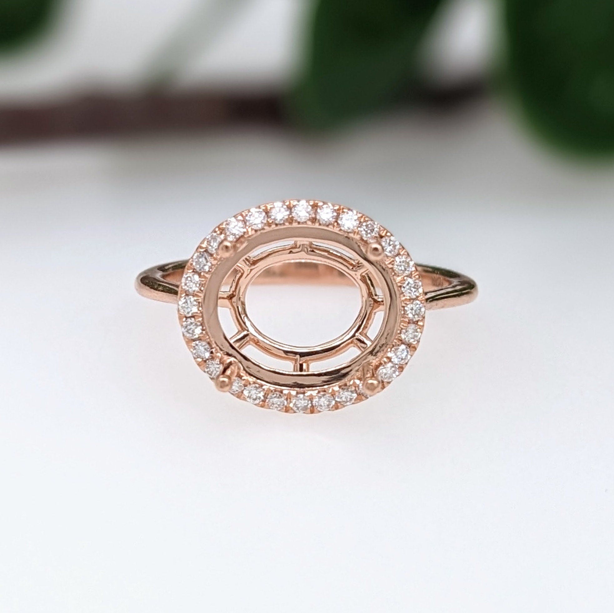 Statement Rings-Lovely East West Oval Ring Semi Mount with a Halo of Natural Diamond Accents in Solid 14k Gold | Oval Shape | Customizable - NNJGemstones