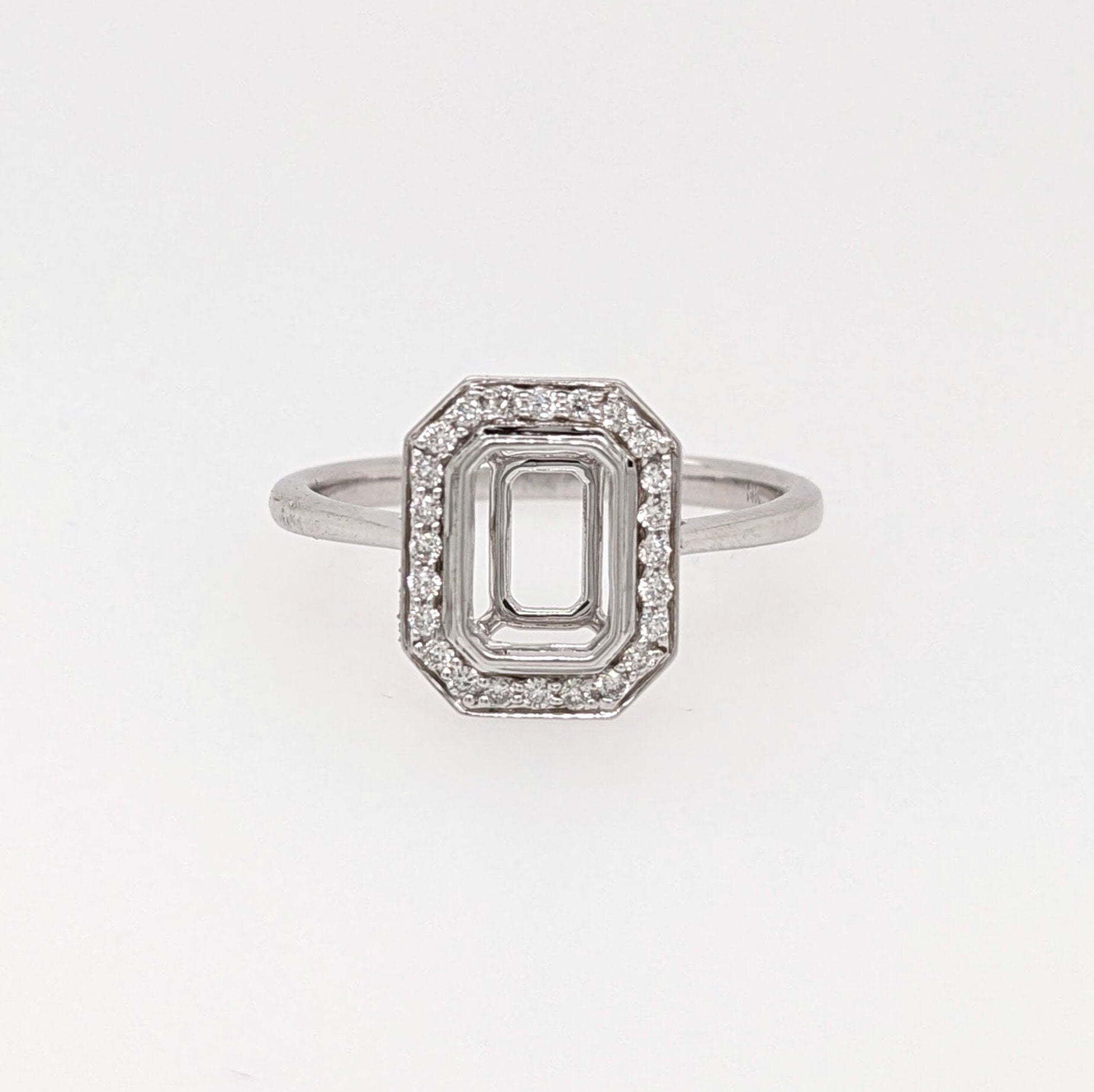 Statement Rings-Classic Bezel Semi Mount w Natural Diamond Halo in Solid 14K Gold | Emerald Cut 6x4mm 7x5mm 8x6mm | Radiant Cut Ring Blank | Customizable | - NNJGemstones