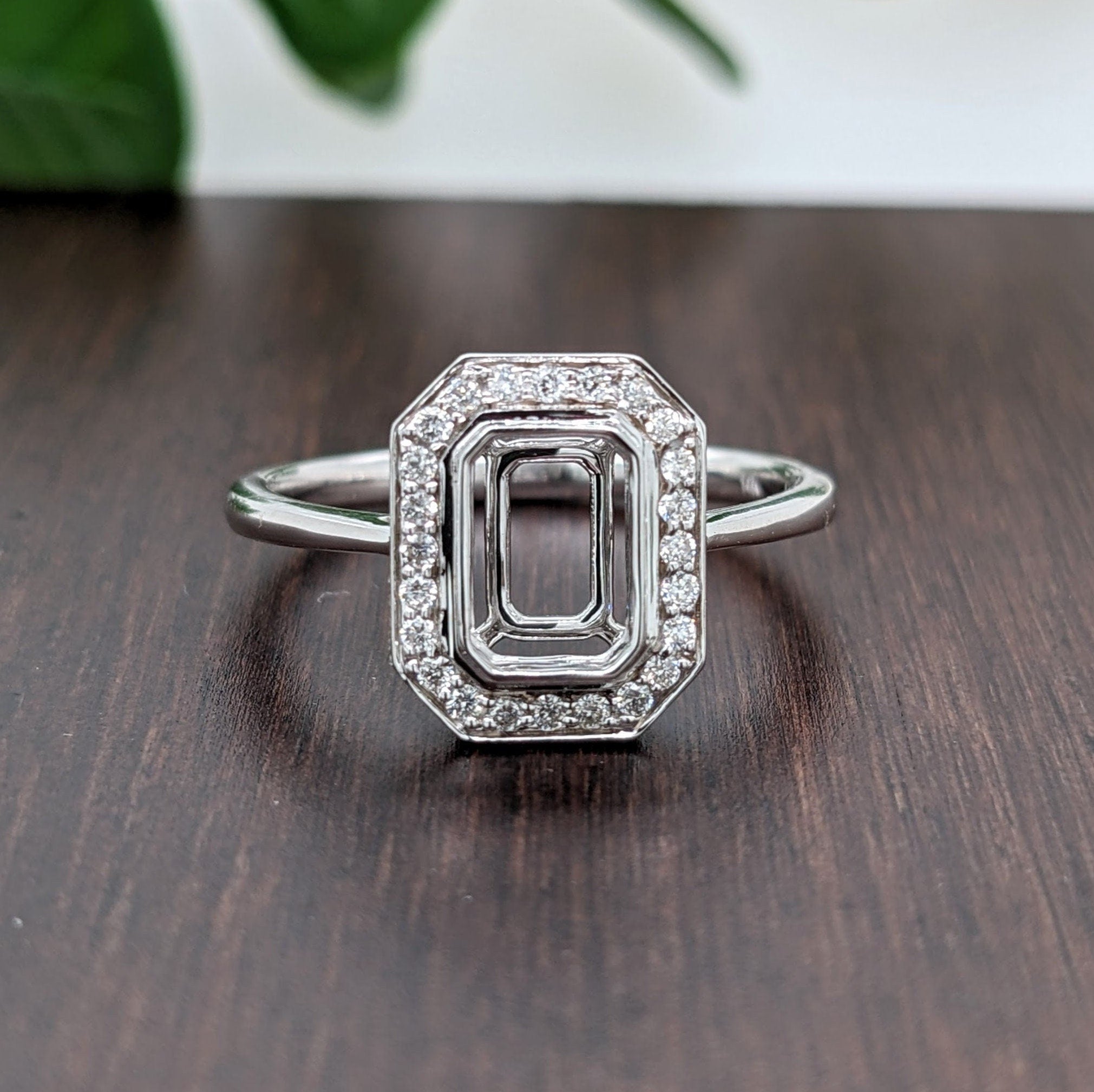 Statement Rings-Classic Bezel Semi Mount w Natural Diamond Halo in Solid 14K Gold | Emerald Cut 6x4mm 7x5mm 8x6mm | Radiant Cut Ring Blank | Customizable | - NNJGemstones