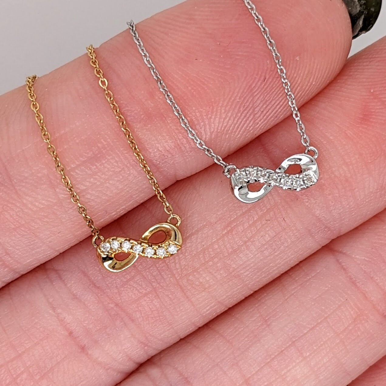 Chains-Cute Infinity Sign Pendant in Solid 14k White and Yellow Gold with Natural Diamonds || Dainty Gold Necklace || Chain || Customizable || - NNJGemstones