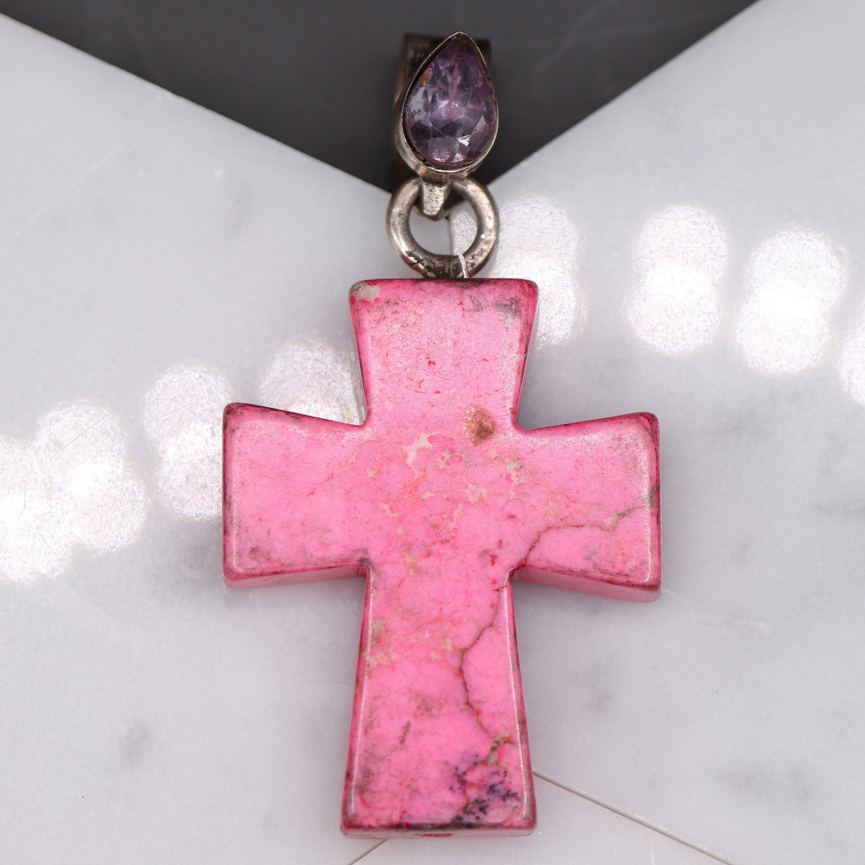 Pendants-Bright Cross Garnet Pendant in Solid Silver || Oval 8x6mm || Previously Loved || Orange, Green, Pink Gemstones || January Birthstone || - NNJGemstones