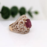 Statement Rings-Ruby Ring in Solid 14k Yellow Gold w Natural Diamond Halo | Oval 9x7mm Gemstone | Statement | Natural July Birthstone | Estate Jewelry Piece - NNJGemstones