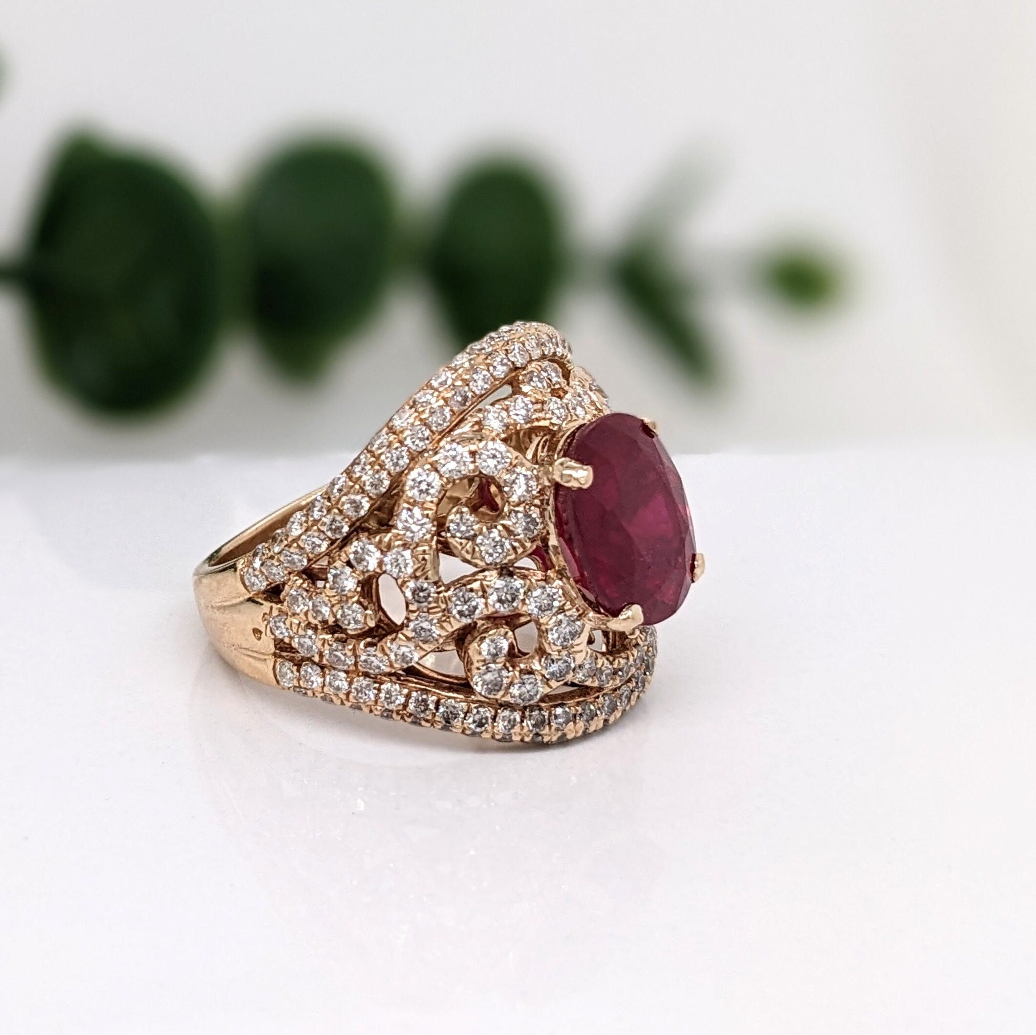 Statement Rings-Ruby Ring in Solid 14k Yellow Gold w Natural Diamond Halo | Oval 9x7mm Gemstone | Statement | Natural July Birthstone | Estate Jewelry Piece - NNJGemstones