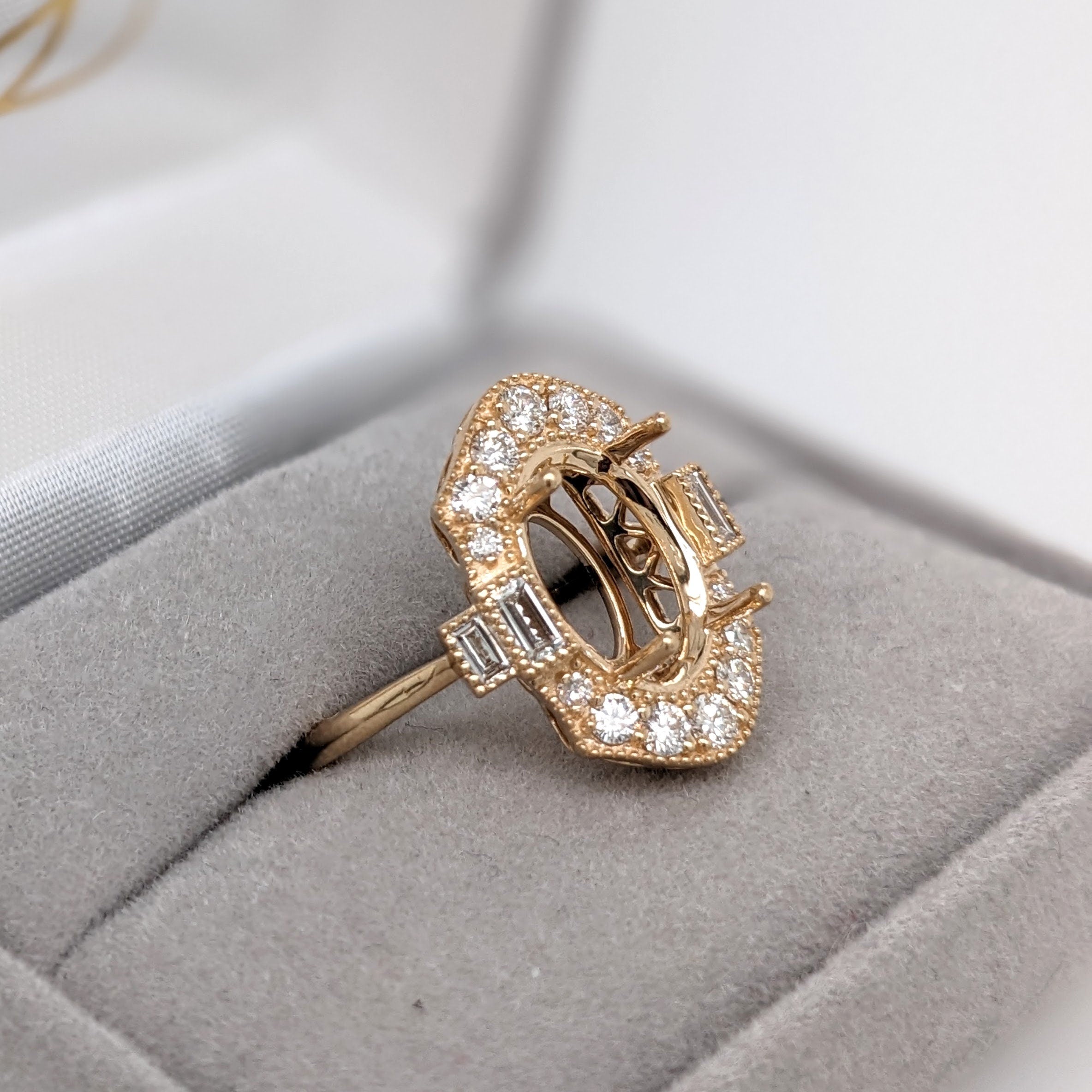 Statement Rings-Vintage Inspired Ring Semi Mount w Baguette and Round Diamonds in Solid 14K Gold | Oval 10x8mm 11.5x8.5mm | Custom Gemstone Jewelry - NNJGemstones