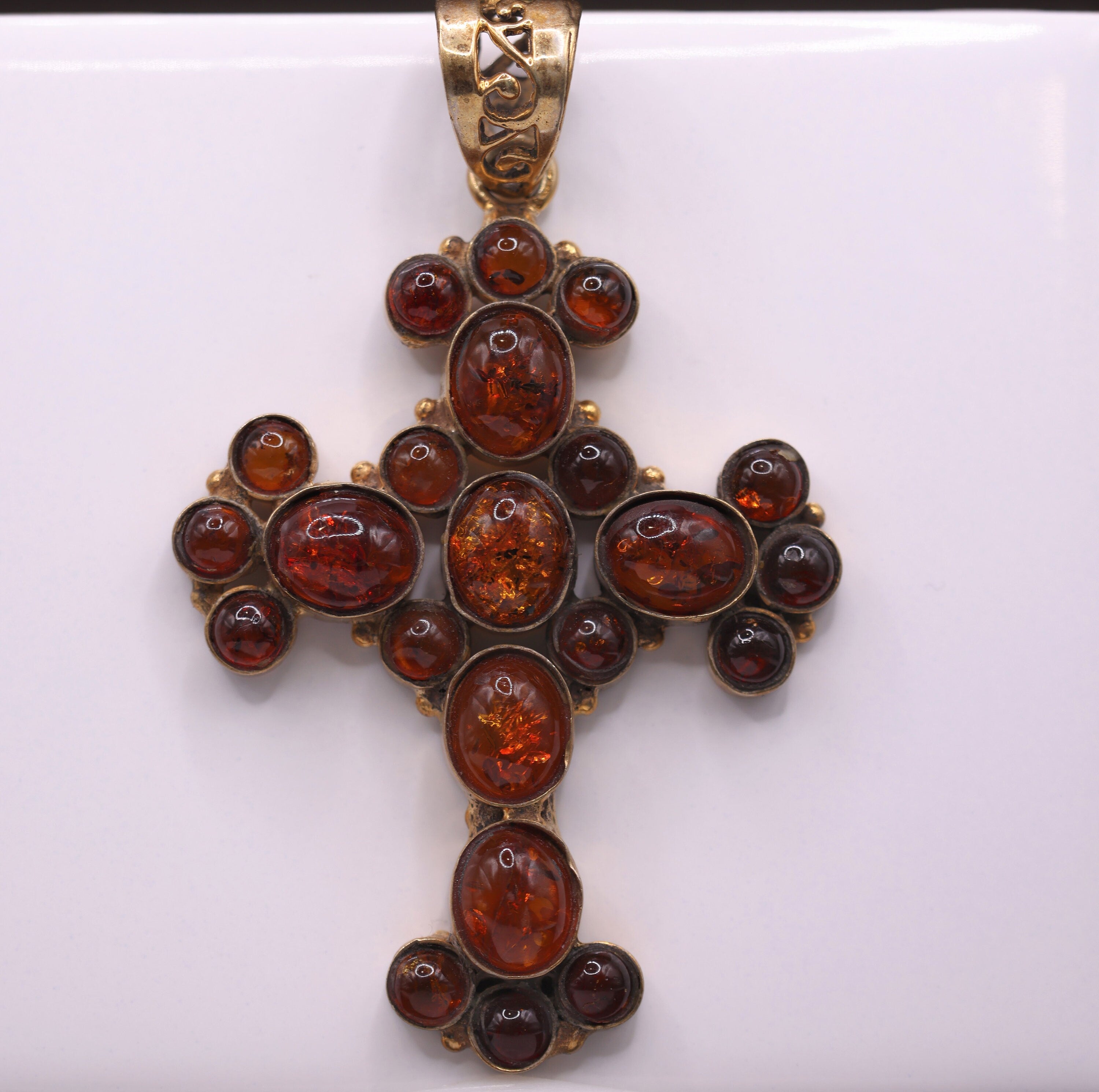 Pendants-Beautiful Baltic Amber Cross Pendant in Solid Silver || 67x54mm || Previously Loved || Orange-Red Gemstone || November Birthstone || - NNJGemstones