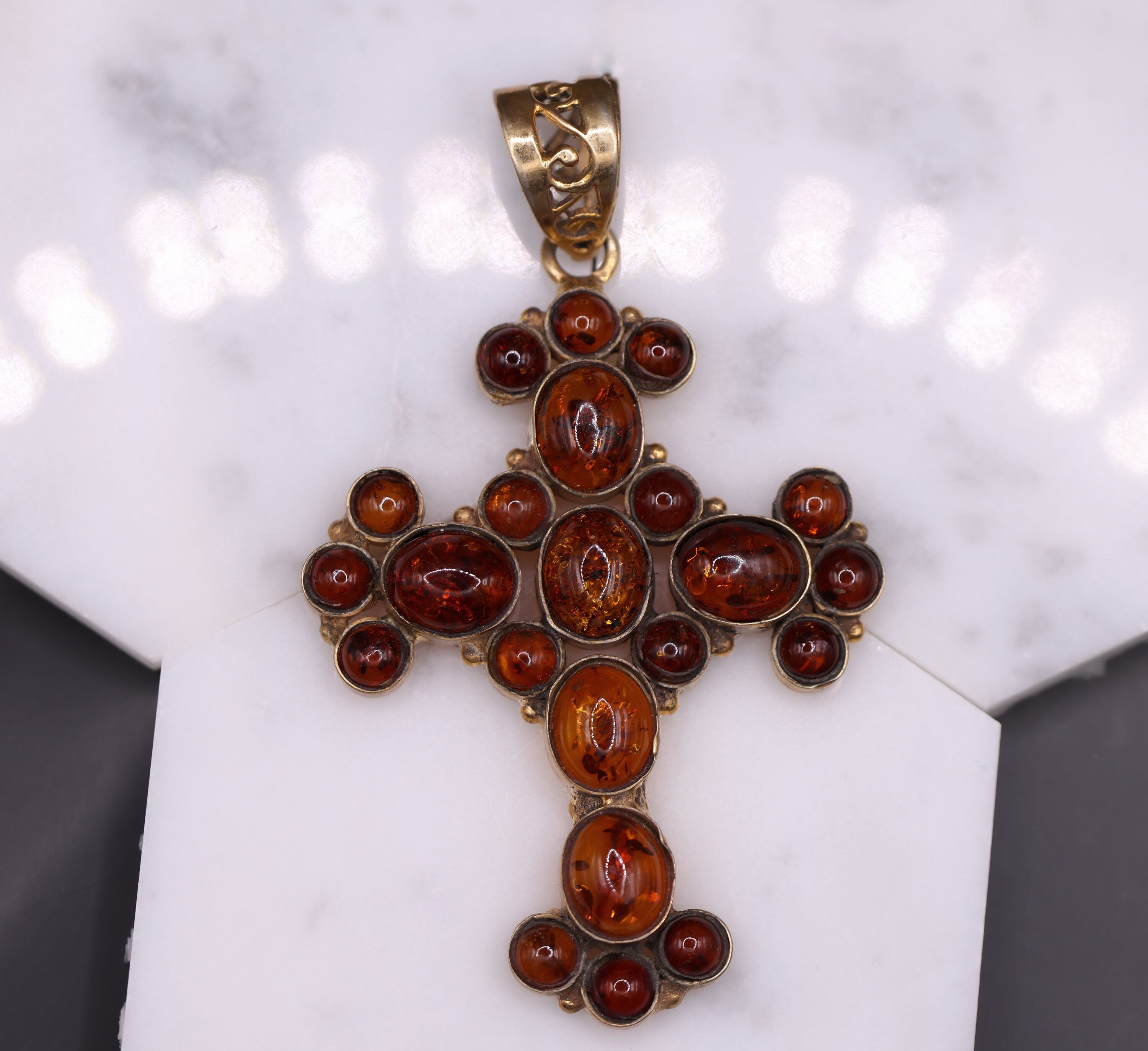 Pendants-Beautiful Baltic Amber Cross Pendant in Solid Silver || 67x54mm || Previously Loved || Orange-Red Gemstone || November Birthstone || - NNJGemstones