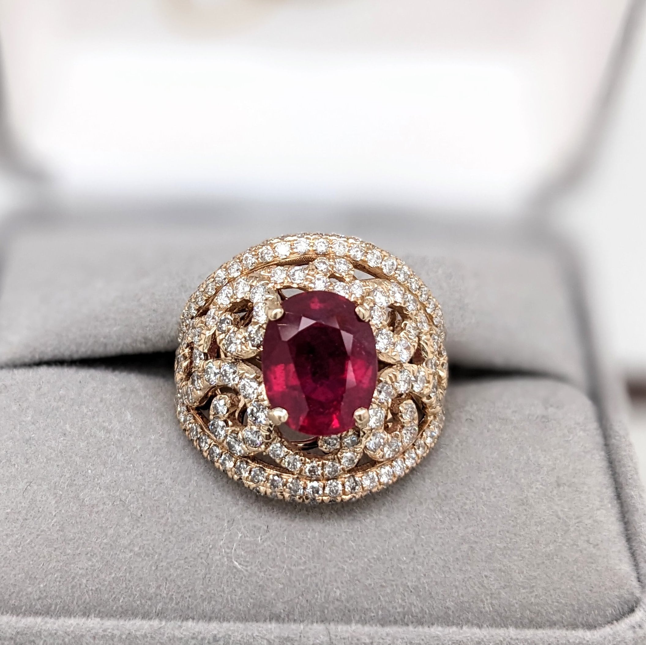 Statement Rings-Ruby Ring in Solid 14k Yellow Gold w Natural Diamond Halo | Oval 9x7mm Gemstone | Statement | Natural July Birthstone | Estate Jewelry Piece - NNJGemstones