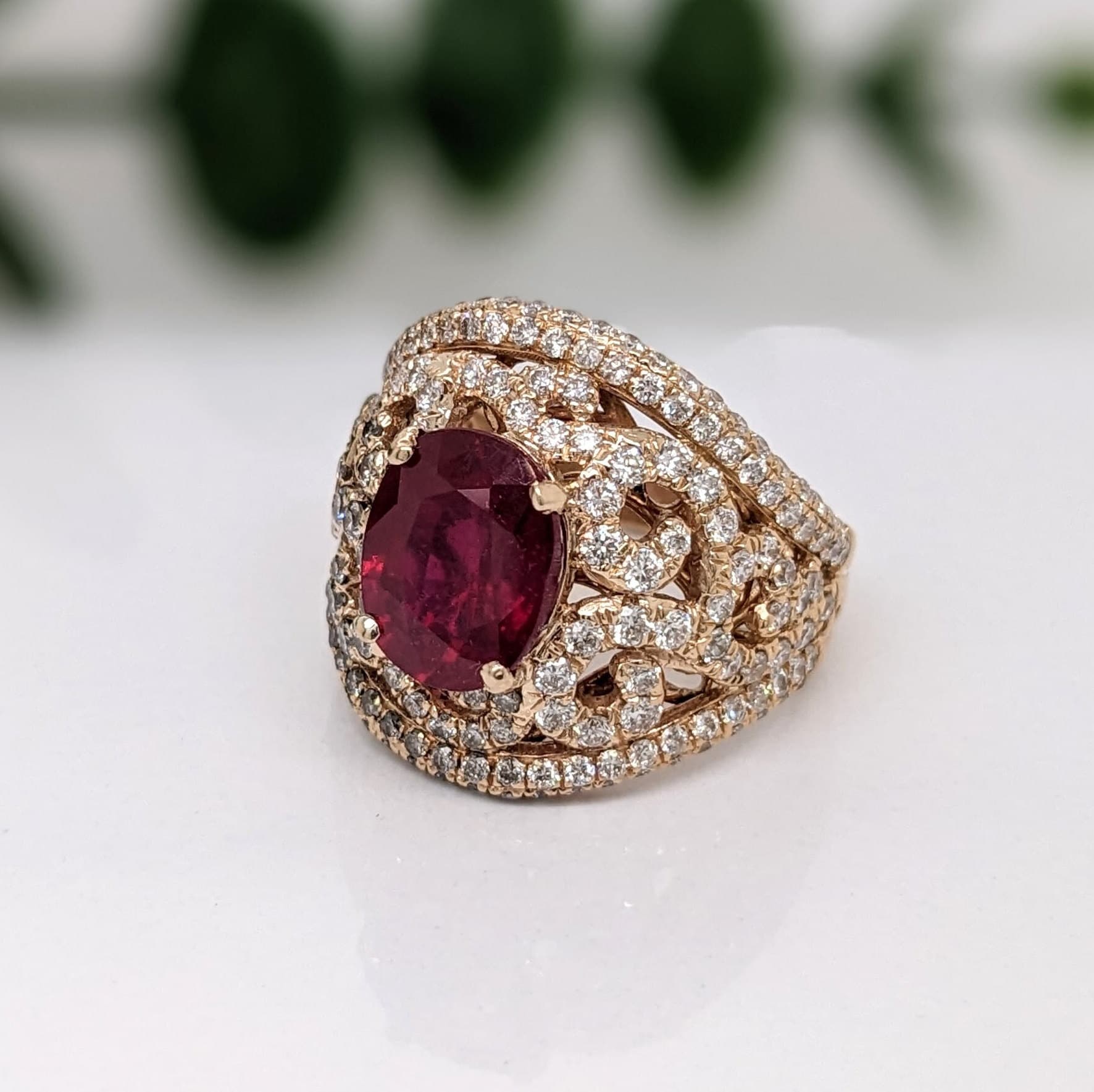 Statement Rings-Ruby Ring in Solid 14k Yellow Gold w Natural Diamond Halo | Oval 9x7mm Gemstone | Statement | Natural July Birthstone | Estate Jewelry Piece - NNJGemstones