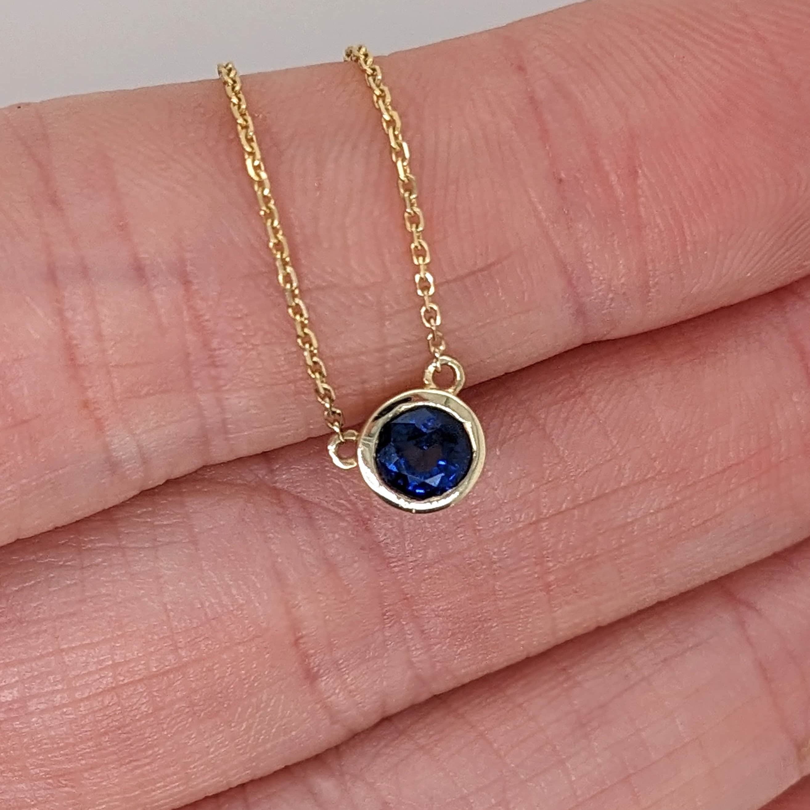 Pendants-Solitaire Natural Sapphire Necklace in Solid 14k Yellow Gold | Round Cut 6mm | Bezel Set | September Birthstone | Minimalist | - NNJGemstones