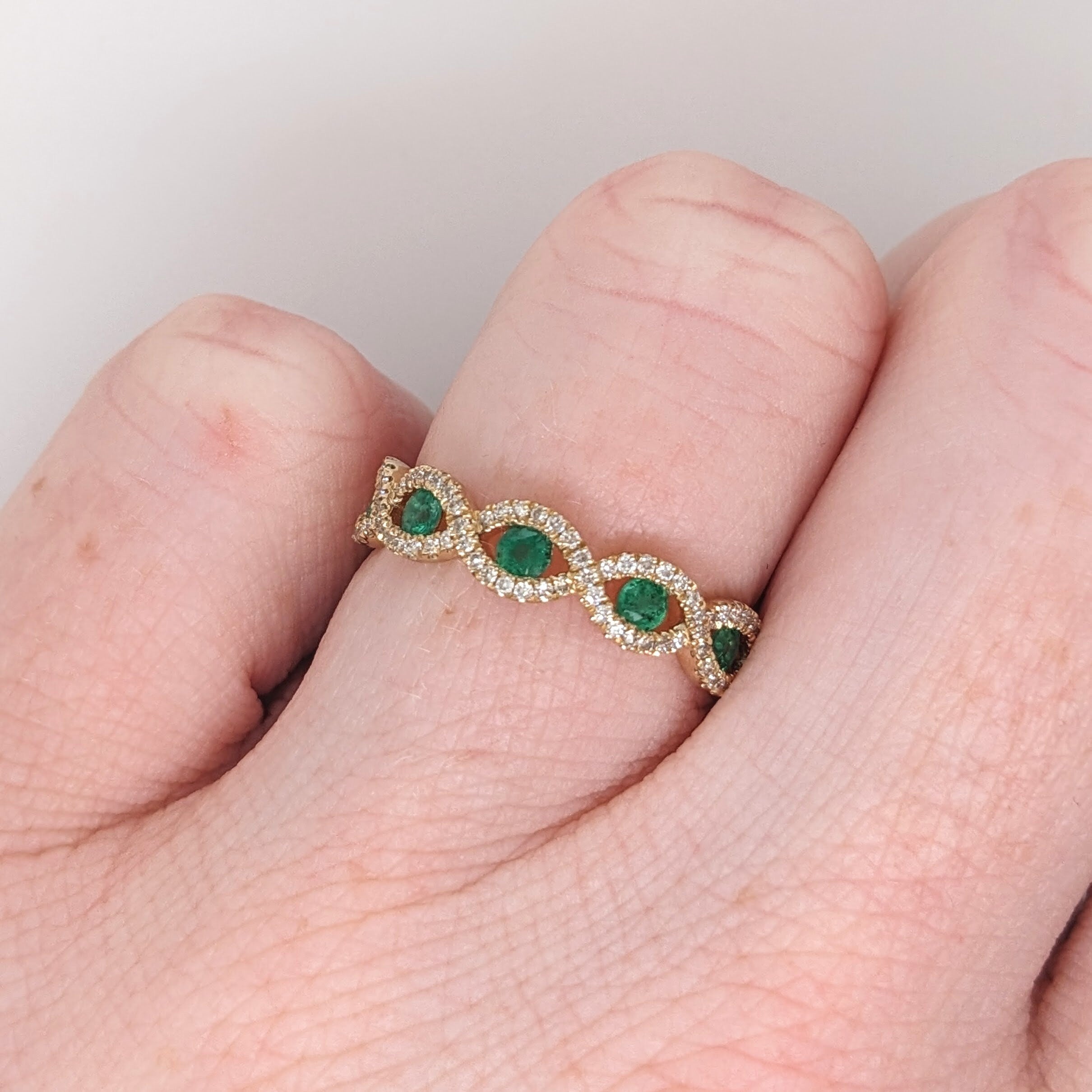 Stackable Rings-Unique Emerald Band in Solid 14k Gold with Natural Diamond Accents || Green Gemstone Ring || Stackable Ring || May Birthstone || - NNJGemstones