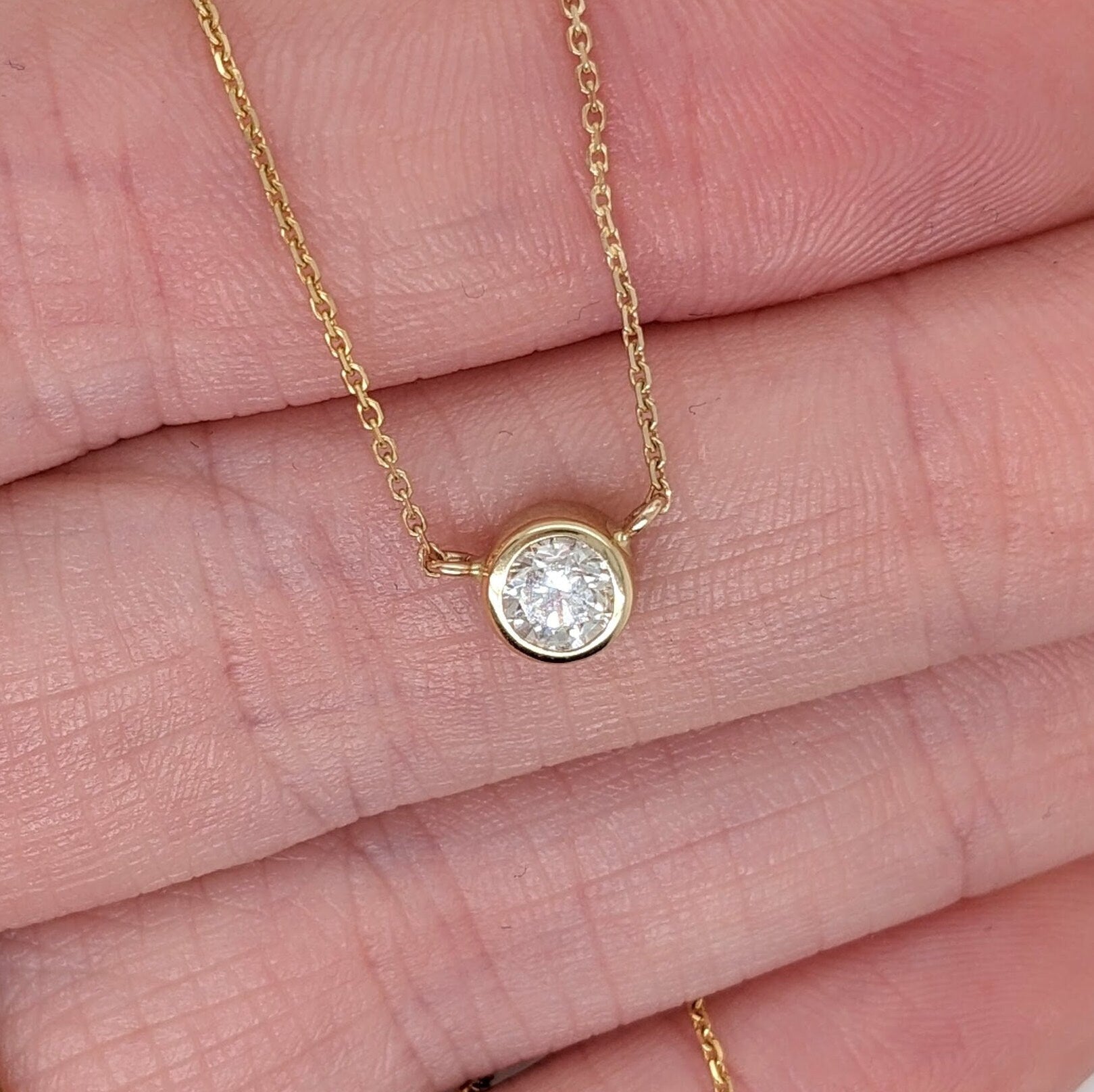 Pendants-Solitaire Natural Diamond Necklace in Solid 14K Gold || Round Cut 5mm || Bezel Set || April Birthstone || Minimalist || - NNJGemstones