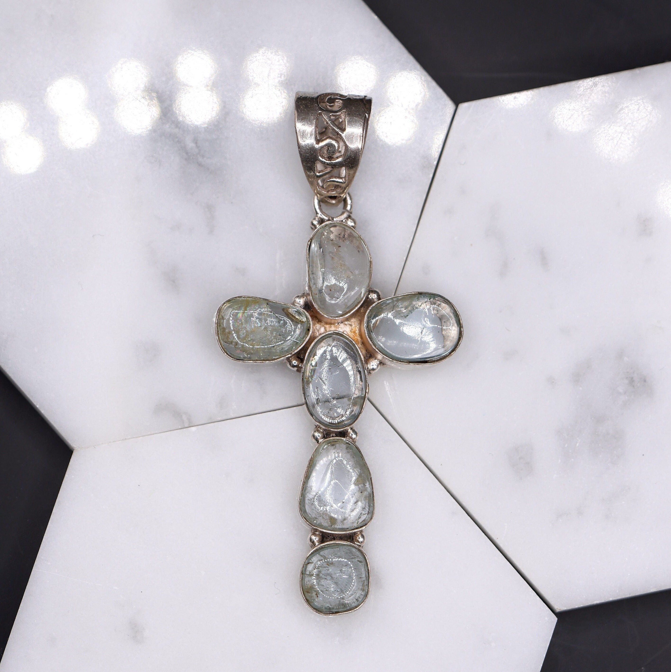 Pendants-Bright Green Amethyst Cross Pendant in Solid Silver || Previously Loved || Prasiolite Gemstone || February Birthstone || - NNJGemstones