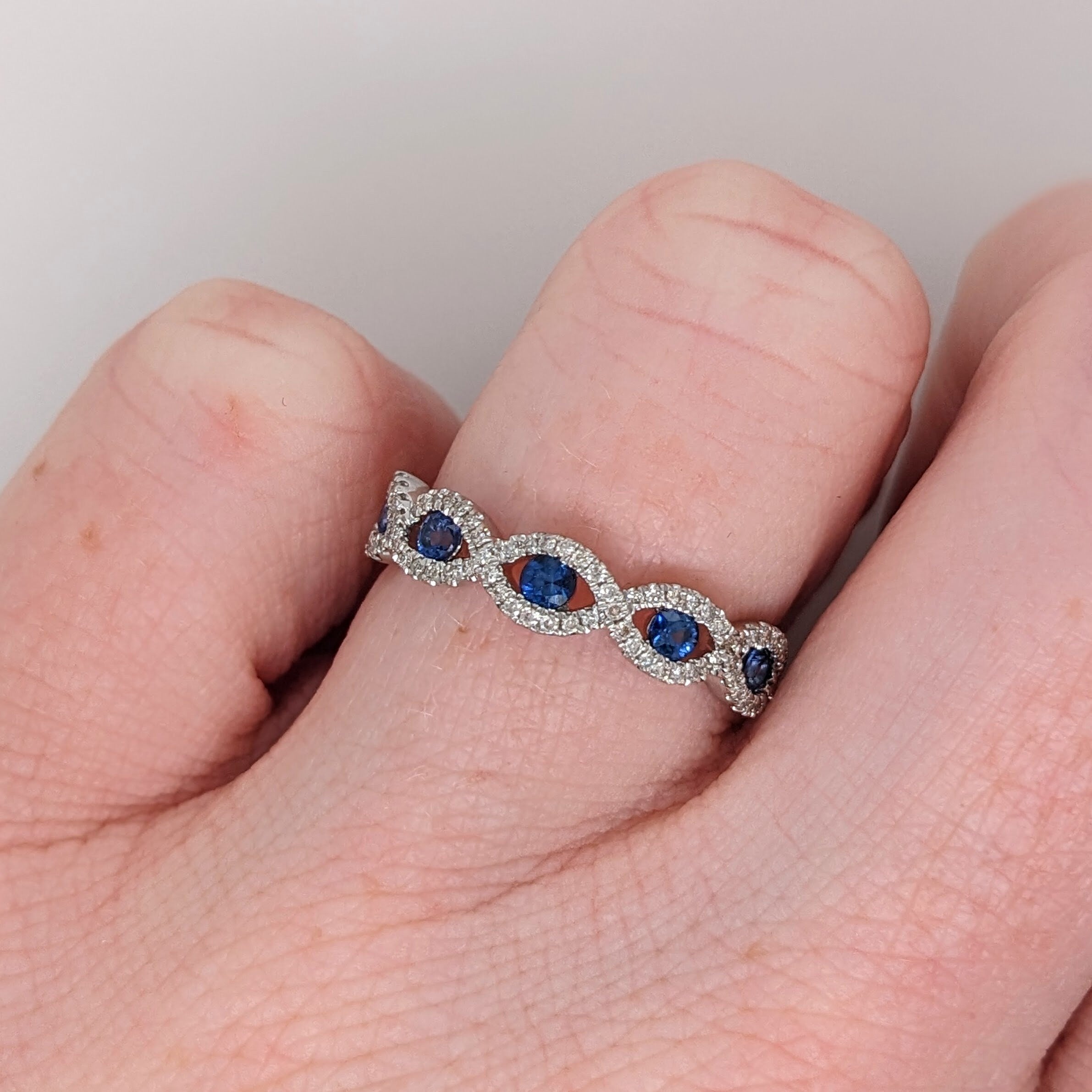 Stackable Rings-Pretty Sapphire Band in Solid 14k White Gold with Natural Diamond Accents || Blue Gemstone Ring || Stackable Ring || October Birthstone || - NNJGemstones